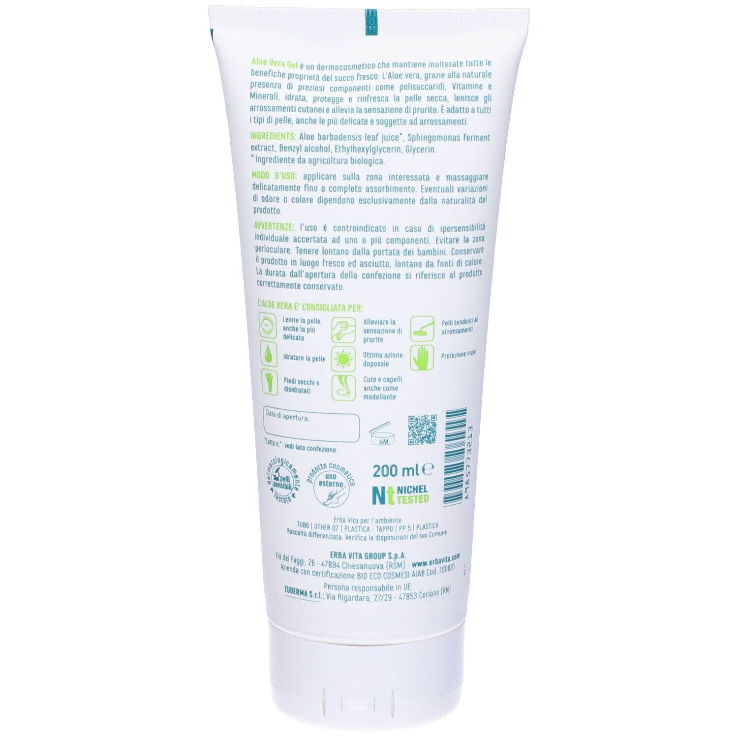 Retro del tubo con testo e pittogrammi. Contiene 200 ml. Testato al nichel. Certificazione AIAB.