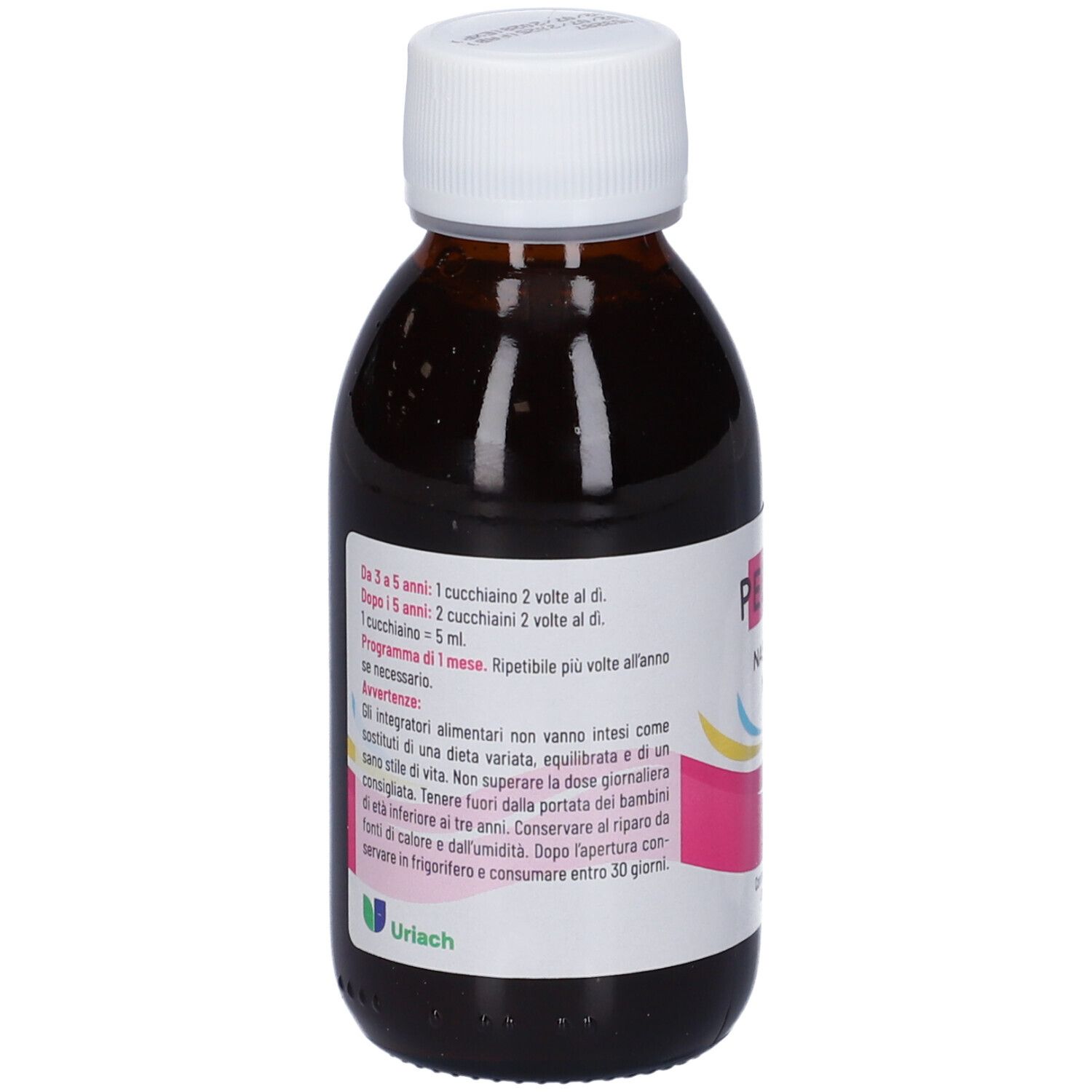 Braune Glasflasche mit weißem Schraubverschluss, Etikett mit rosa, gelben und blauen Wellenlinien und Text. Inhalt 125 ml.