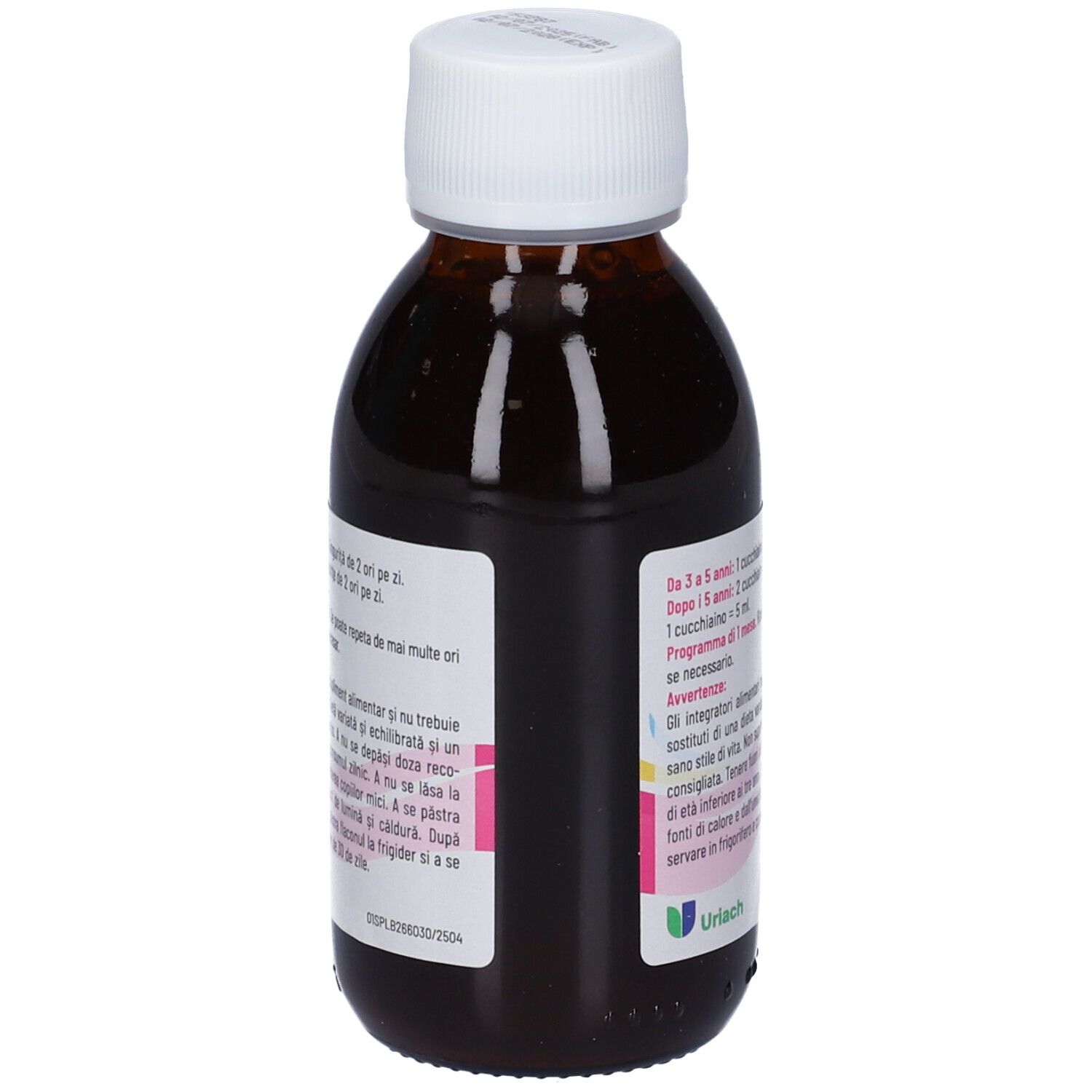 Braune Glasflasche mit weißem Schraubverschluss, Etikett mit rosa, gelben und blauen Wellenlinien und Text. Inhalt 125 ml.