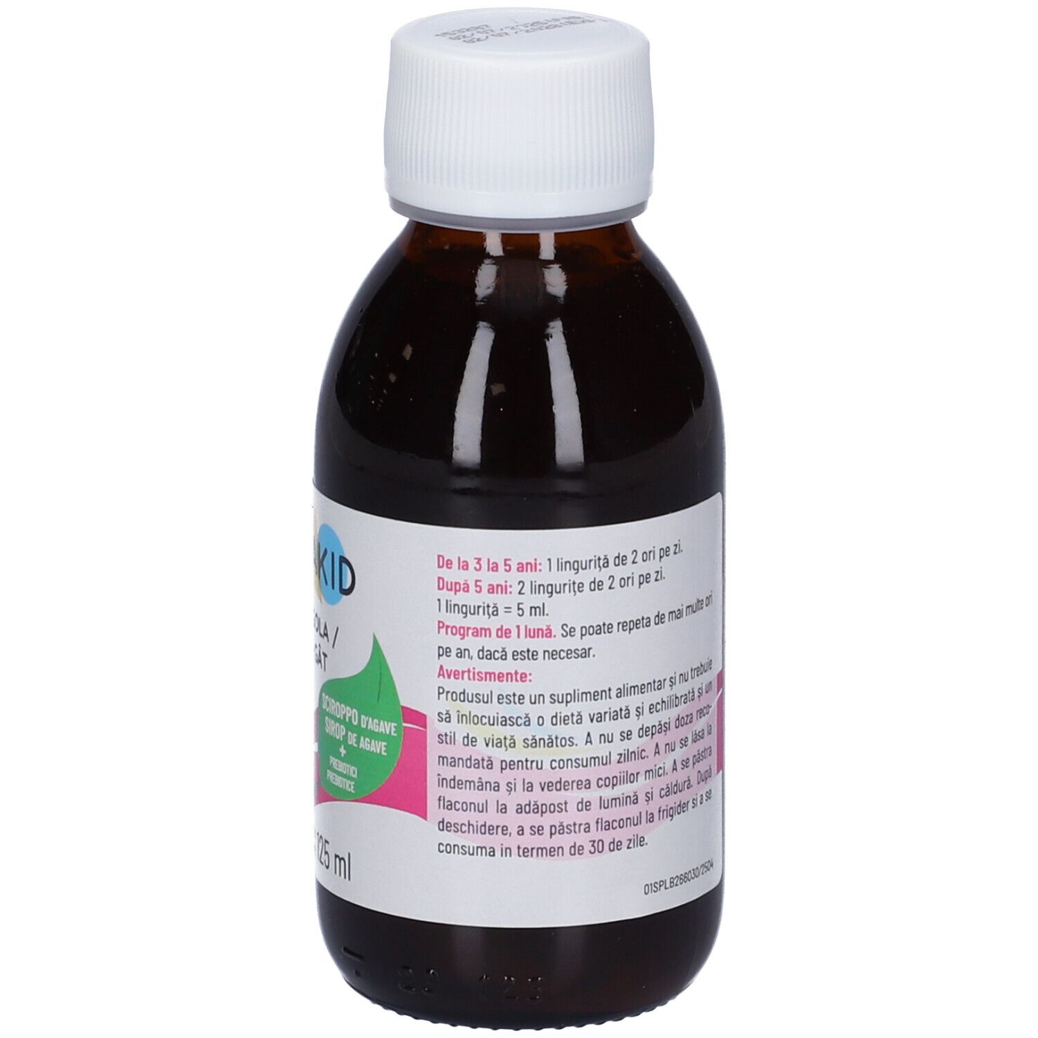 Braune Glasflasche mit weißem Schraubverschluss, Etikett mit rosa, gelben und blauen Wellenlinien und Text. Inhalt 125 ml.