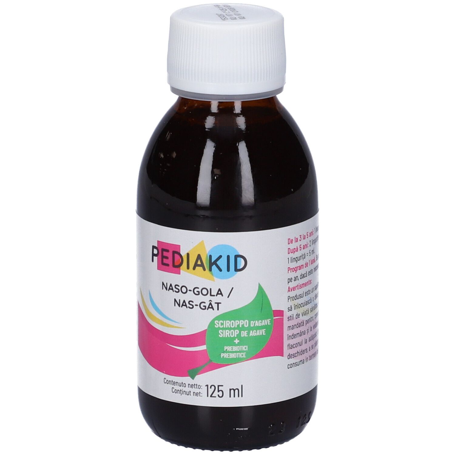 Braune Glasflasche mit weißem Schraubverschluss, Etikett mit rosa, gelben und blauen Wellenlinien und Text. Inhalt 125 ml.
