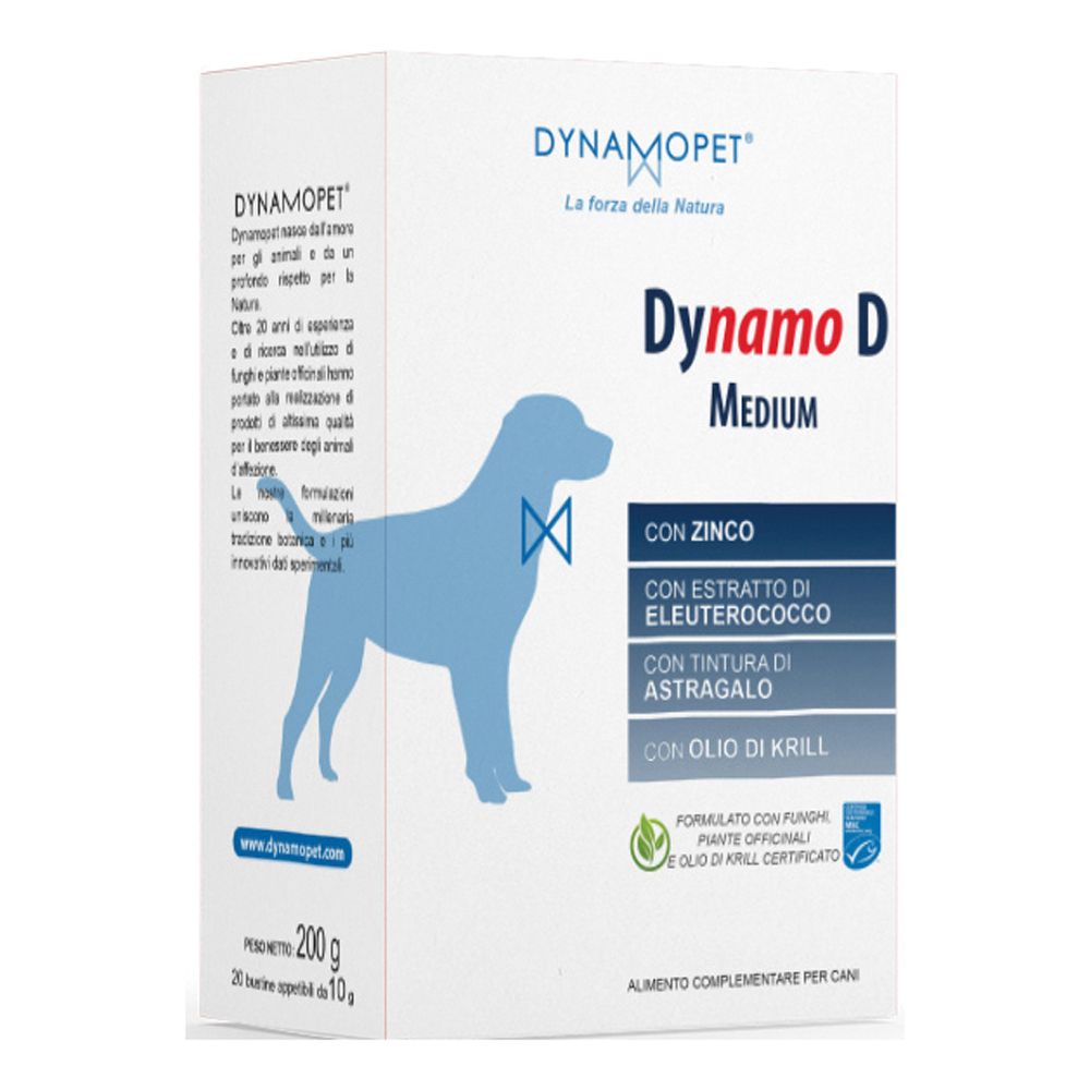 Confezione di Dynamo D Medium, alimento complementare per cani. Contiene zinco, estratto di eleuterococco, tintura di astragalo e olio di krill.