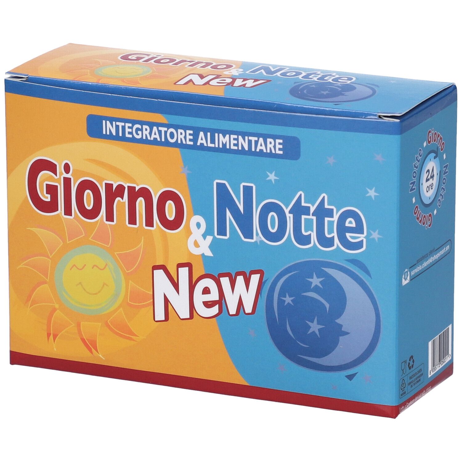 Scatola Giorno & Notte New. Sfondo arancione e blu con simboli sole e luna. Contiene integratore alimentare.