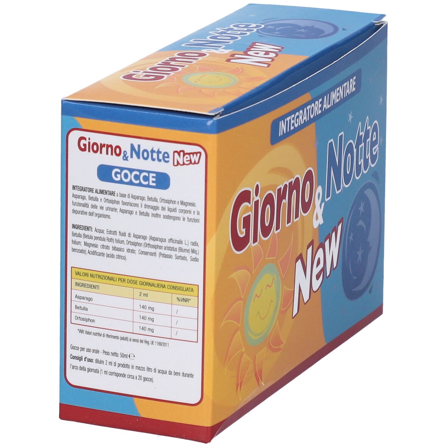Scatola Giorno & Notte New, con testo e ingredienti. Contiene gocce. Sfondo arancione e blu con sole e luna.