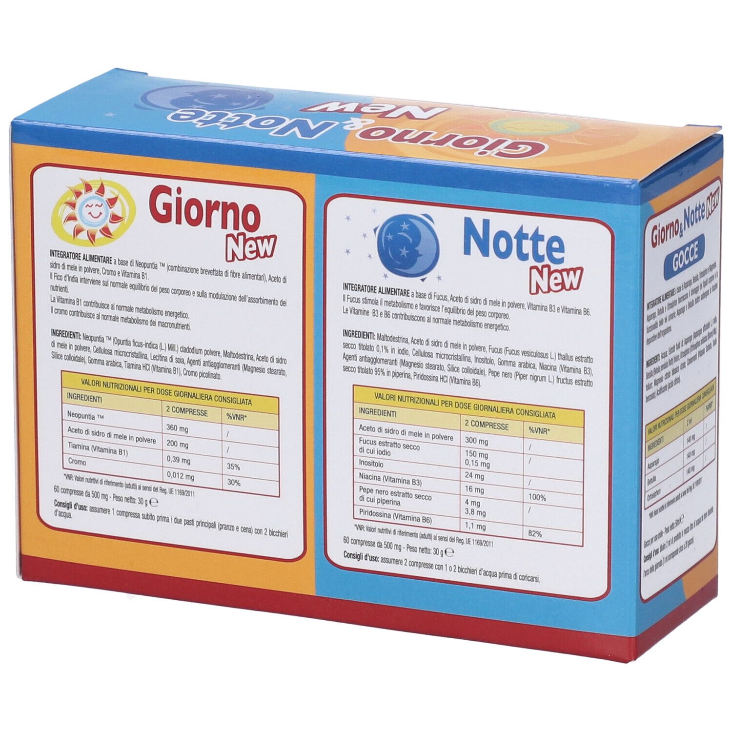 Scatola Giorno & Notte New, con testo e ingredienti. Contiene compresse. Sfondo arancione e blu con sole e luna.