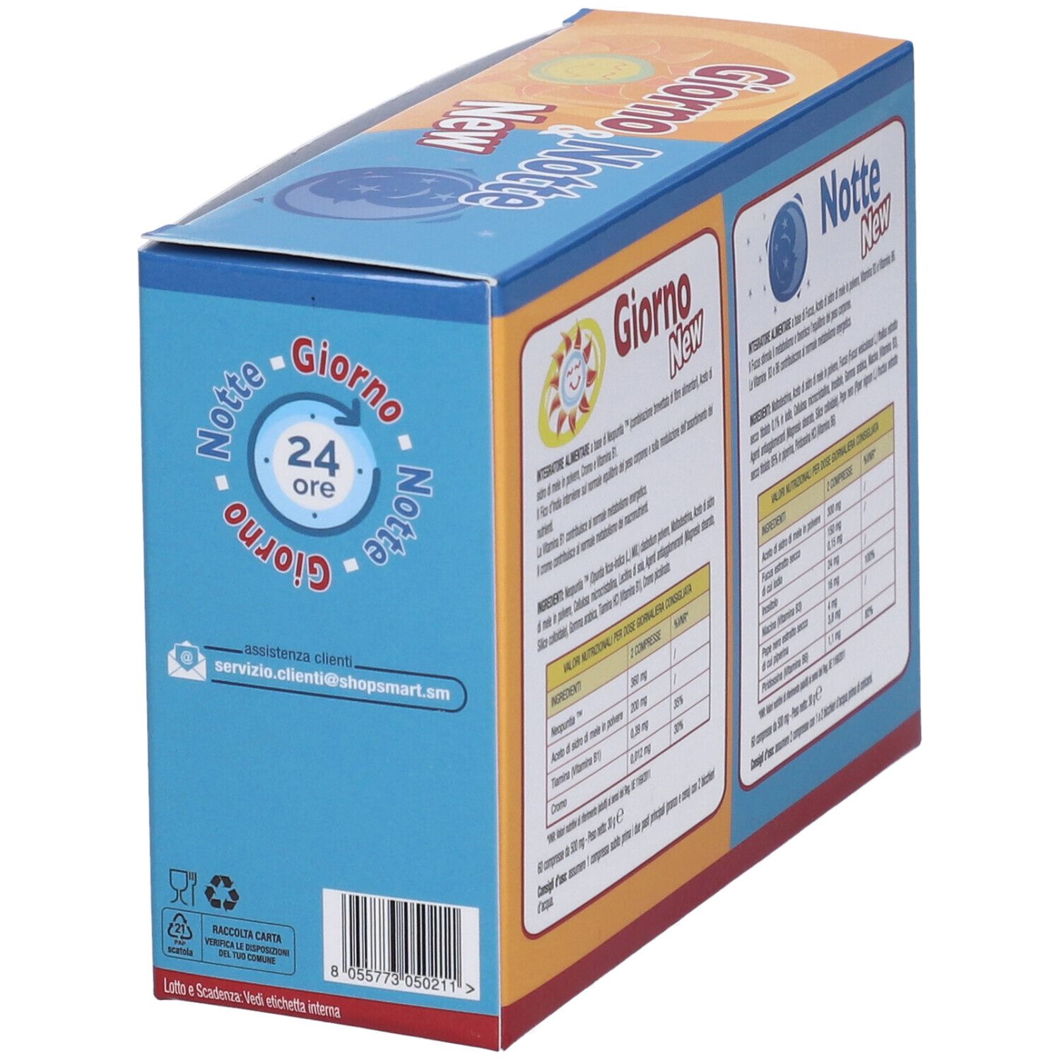 Scatola Giorno & Notte New, con testo e ingredienti. Retro con logo e testo. Sfondo arancione e blu.