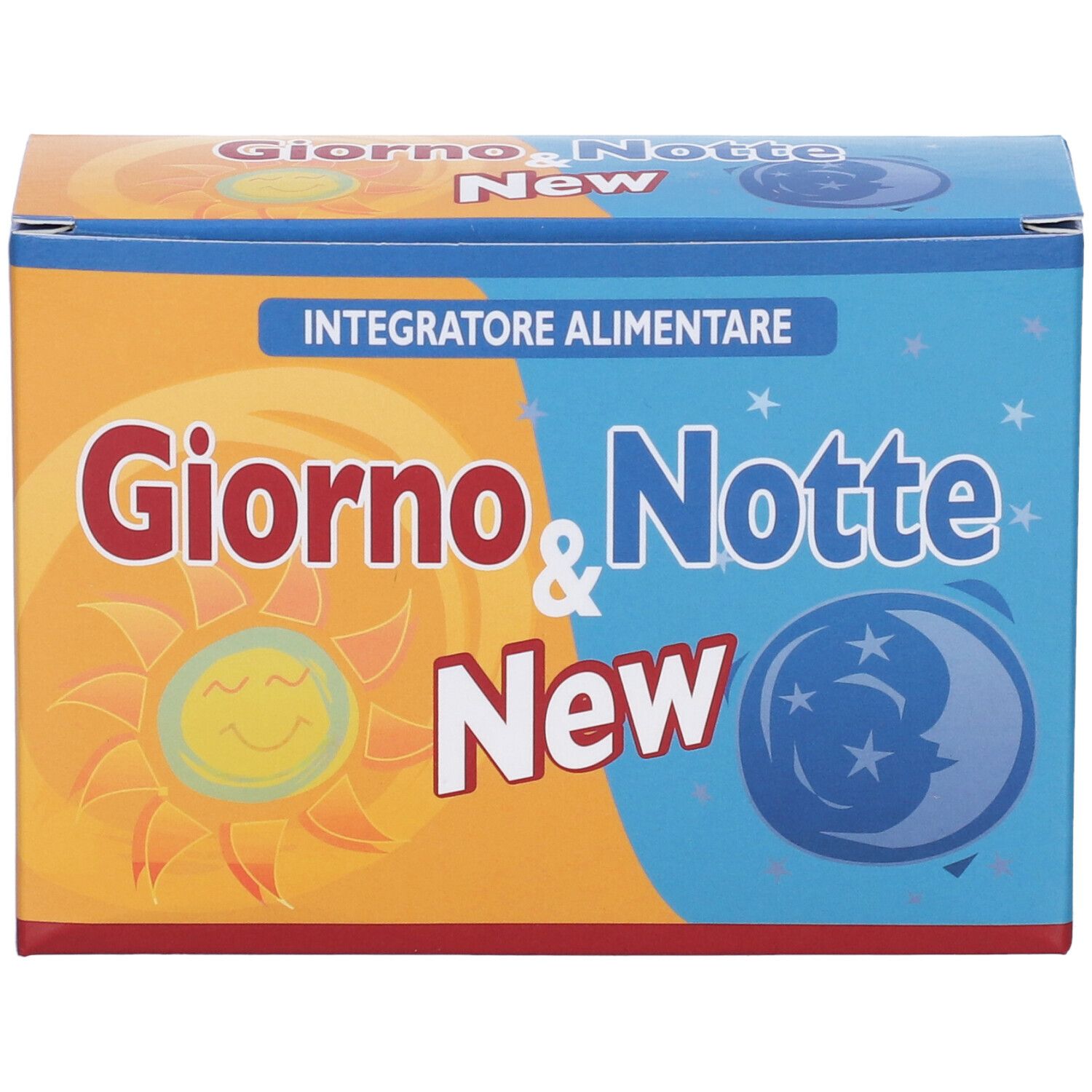 Scatola Giorno & Notte New. Sfondo arancione e blu con simboli sole e luna. Contiene integratore alimentare.