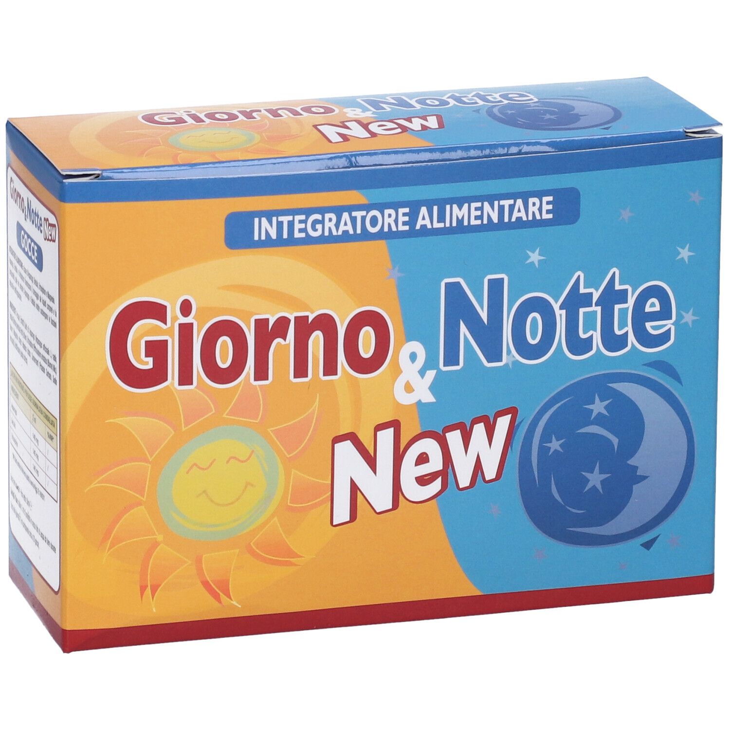 Scatola Giorno & Notte New. Sfondo arancione e blu con simboli sole e luna. Contiene integratore alimentare.