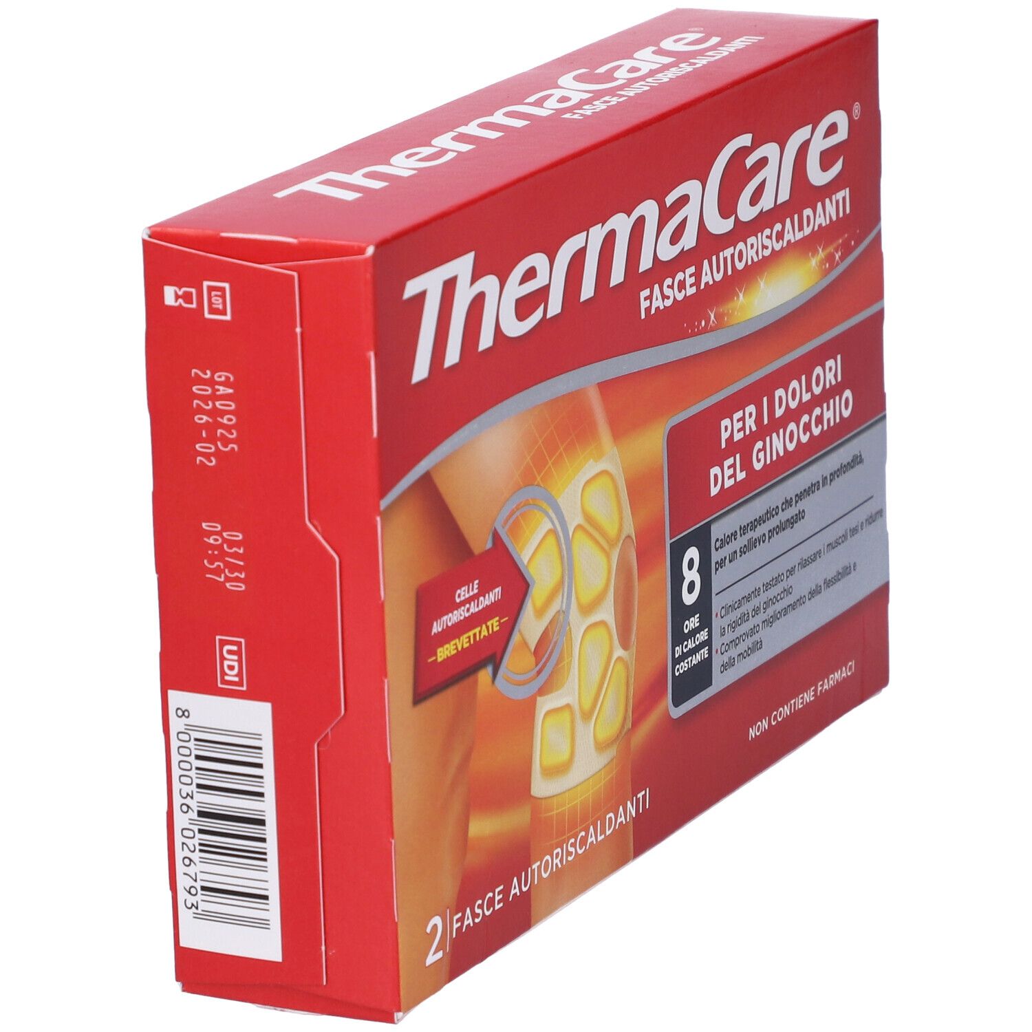 Confezione rossa ThermaCare Fasce Autoriscaldanti. Informazioni prodotto e codice a barre sul lato.