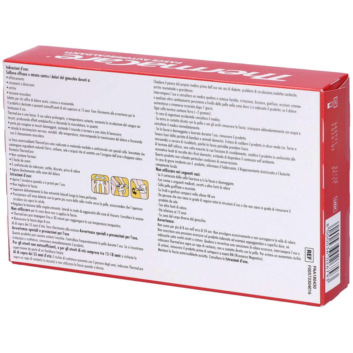Retro confezione rossa ThermaCare Fasce Autoriscaldanti. Testo con informazioni e istruzioni.