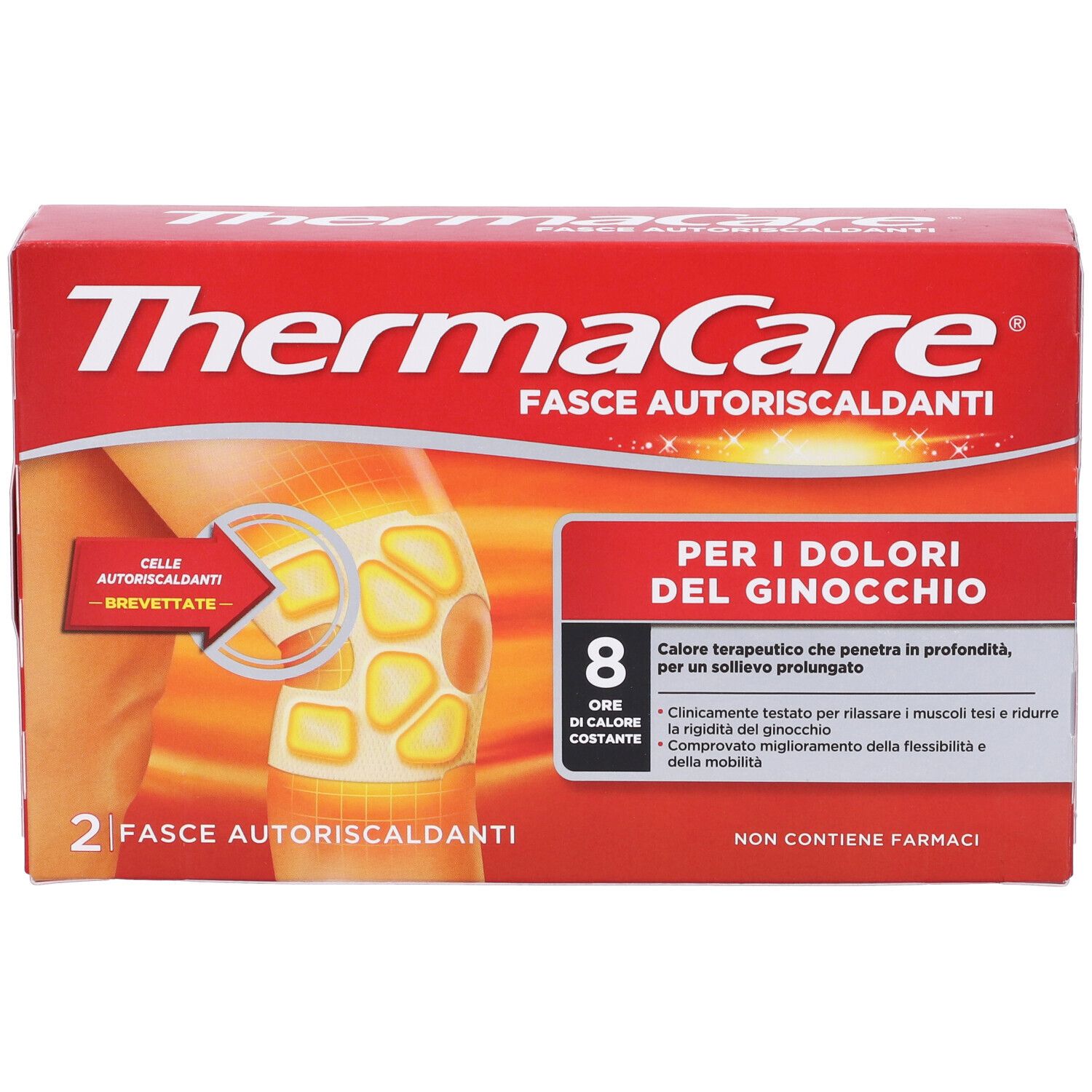 Confezione rossa ThermaCare Fasce Autoriscaldanti. Illustrazione ginocchio con calore e informazioni prodotto.