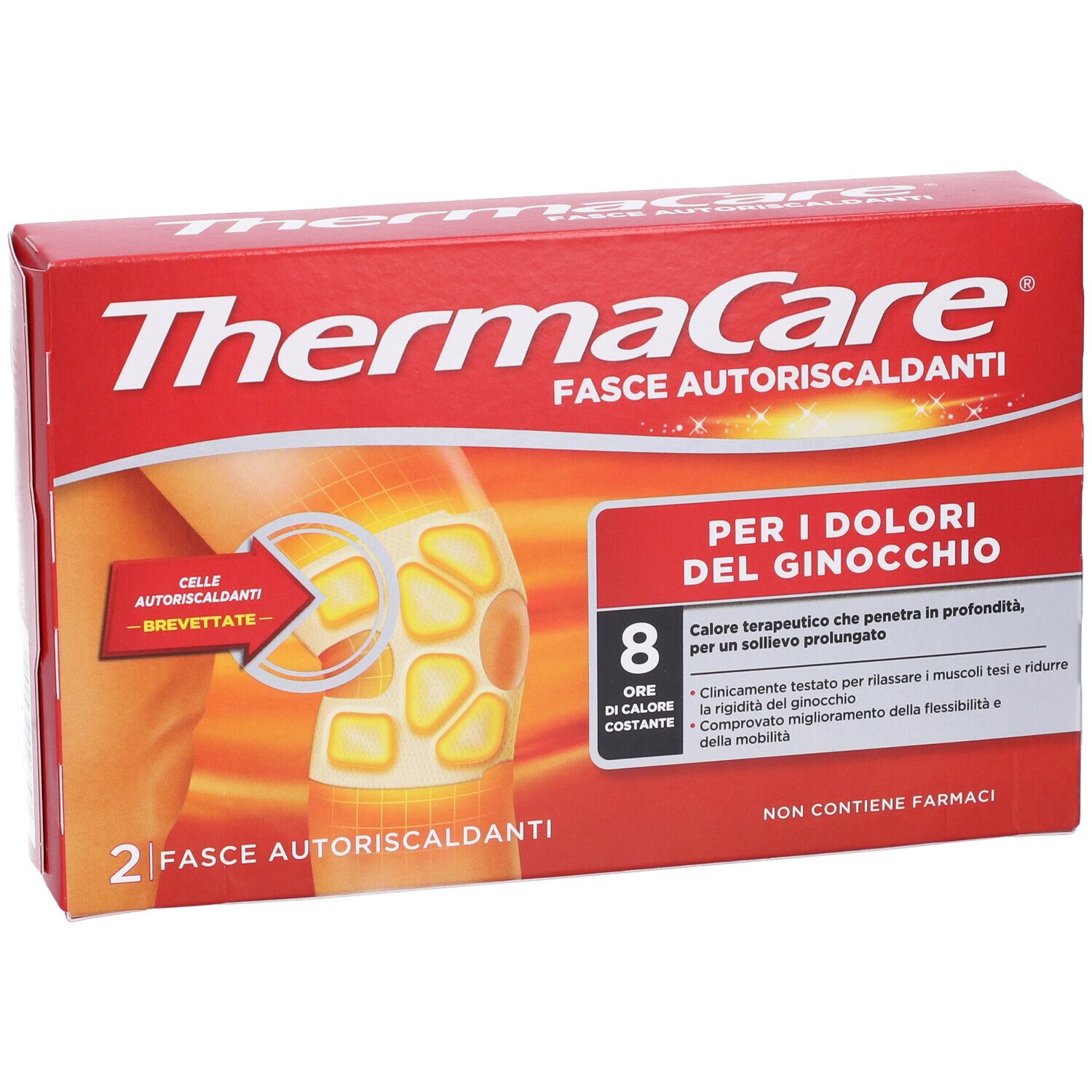 Confezione rossa ThermaCare Fasce Autoriscaldanti. Illustrazione ginocchio con calore e informazioni prodotto.