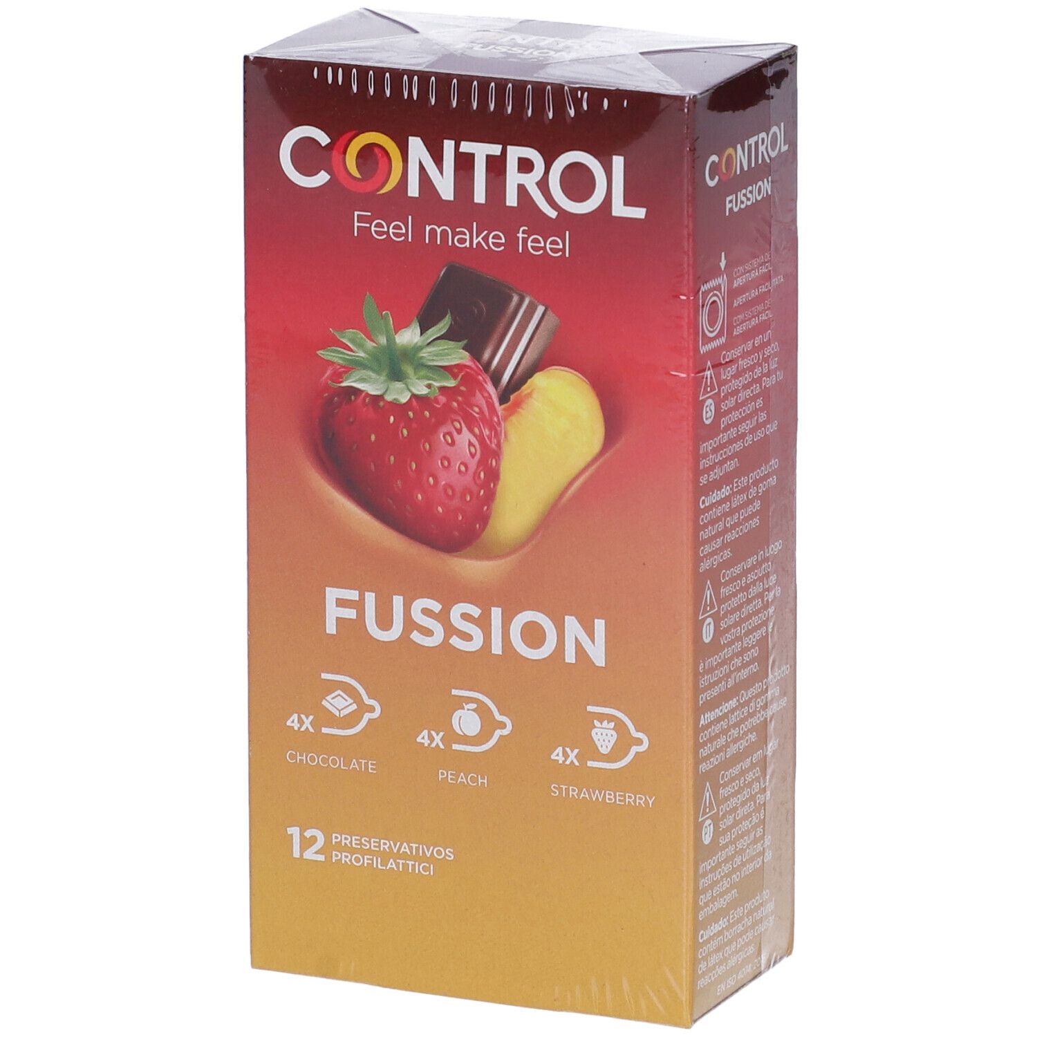 Confezione di CONTROL Fussion. Illustrazioni di fragola, cioccolato e pesca. 12 profilattici.