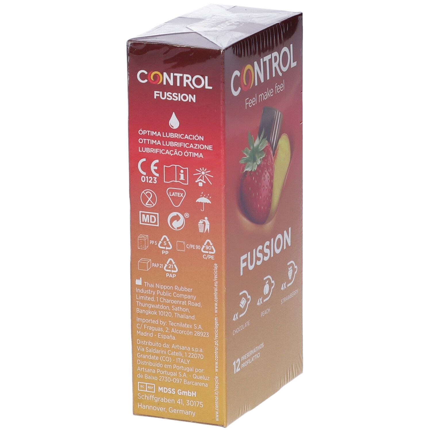 Vista laterale della confezione CONTROL Fussion. Illustrazioni di fragola, cioccolato e pesca. 12 profilattici.