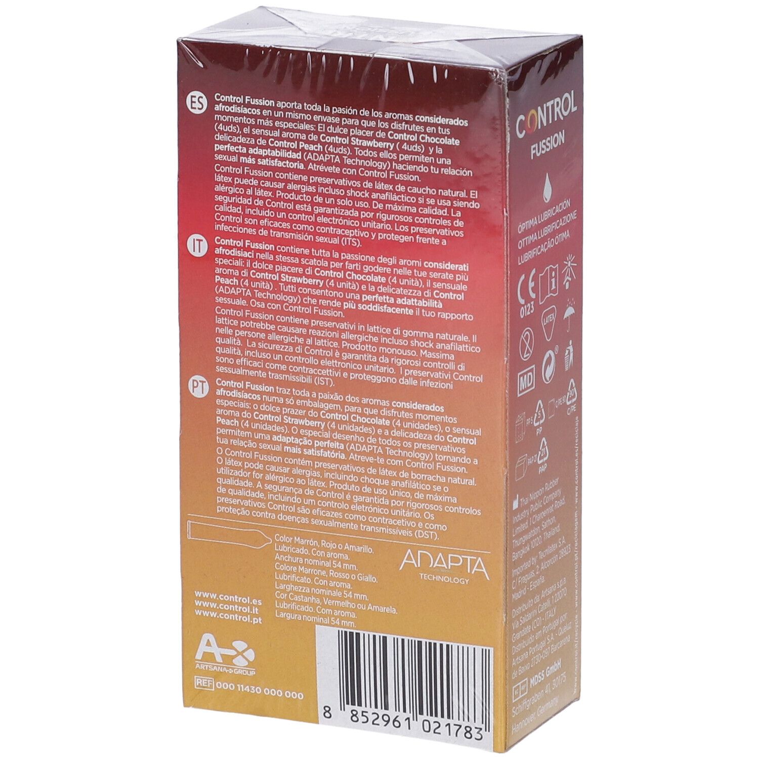 Retro della confezione CONTROL Fussion. Testo multilingue. 12 profilattici. Tecnologia ADAPTA.