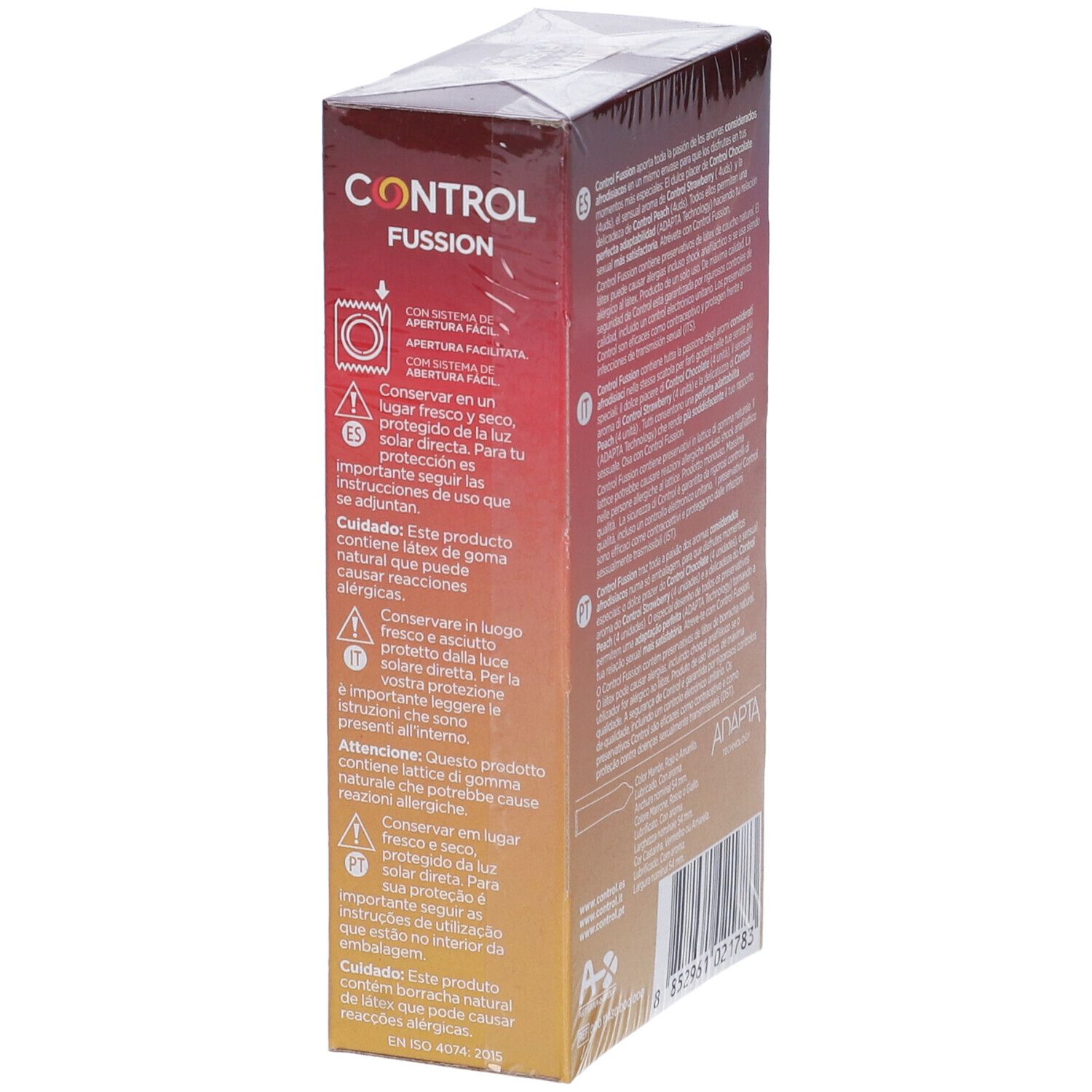 Retro della confezione CONTROL Fussion. Avvertenze e istruzioni. 12 profilattici.