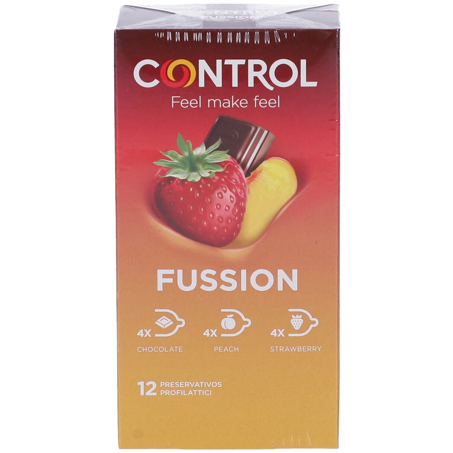 Confezione CONTROL Fussion. Illustrazioni di fragola, cioccolato e pesca. 12 profilattici. Aromi.