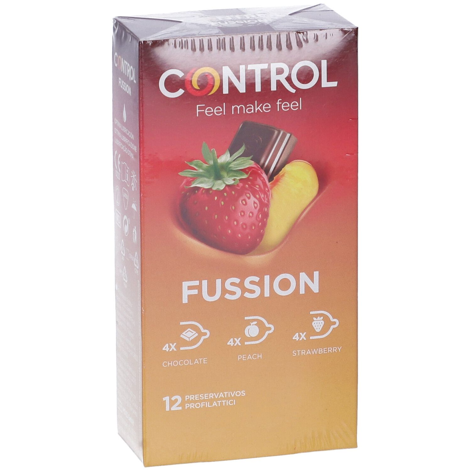 Confezione CONTROL Fussion. Illustrazioni di fragola, cioccolato e pesca. 12 profilattici. Aromi.