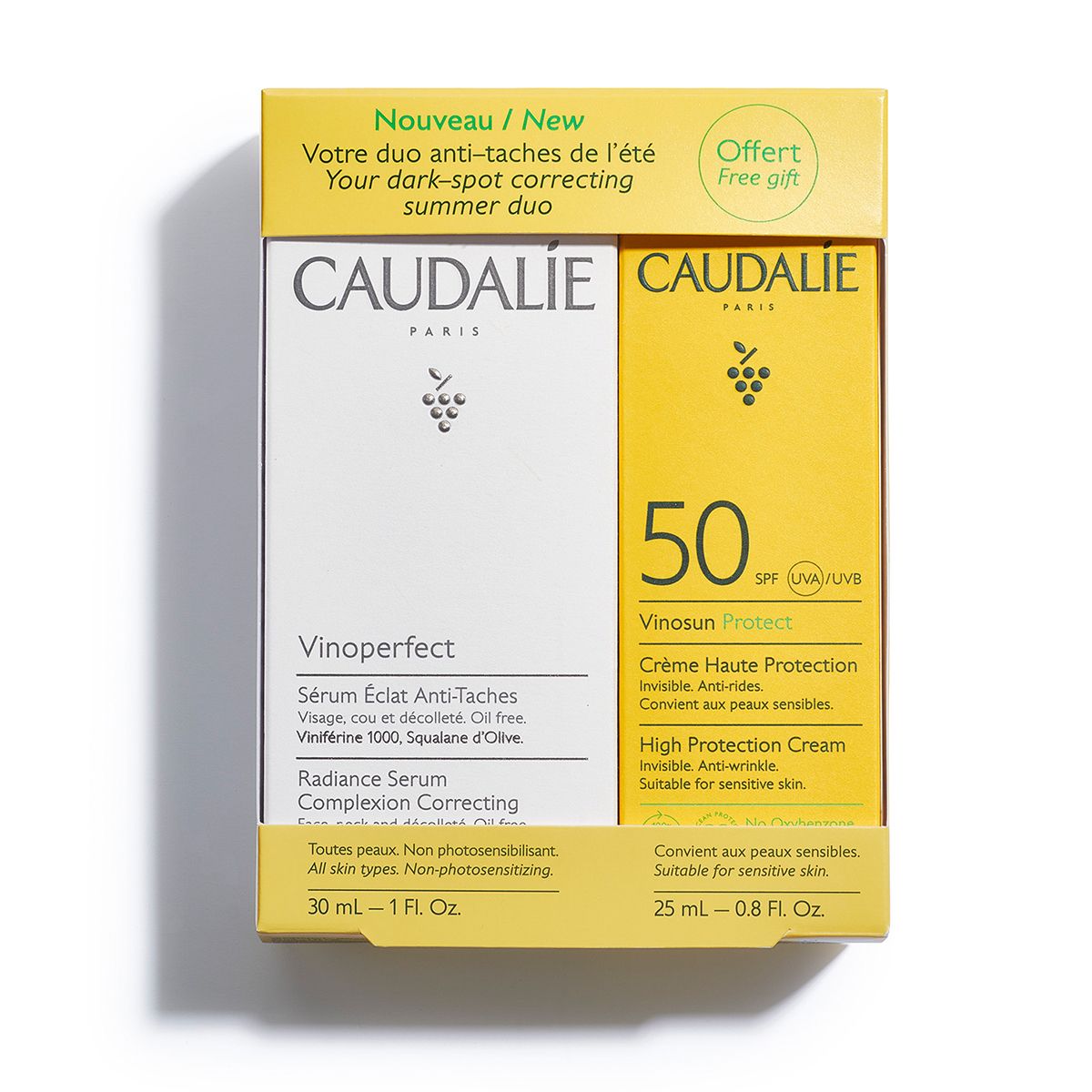 Duo CAUDALIE. Contiene siero Vinoperfect e crema solare Vinosun Protect SPF 50. Scatola gialla.