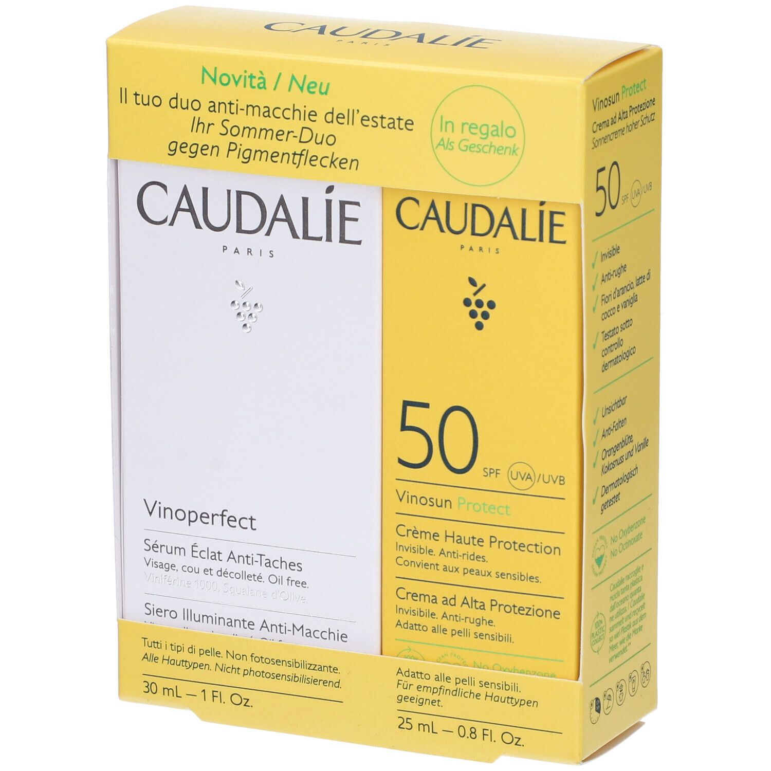 Duo CAUDALIE. Siero Vinoperfect e crema solare Vinosun Protect SPF 50. Scatola gialla con testo.