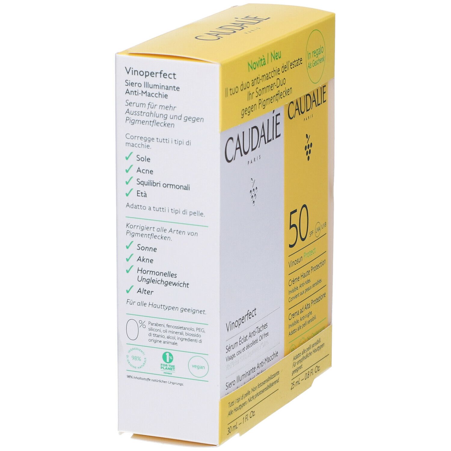 Duo CAUDALIE. Siero Vinoperfect e crema solare Vinosun Protect SPF 50. Scatola gialla, vista laterale.