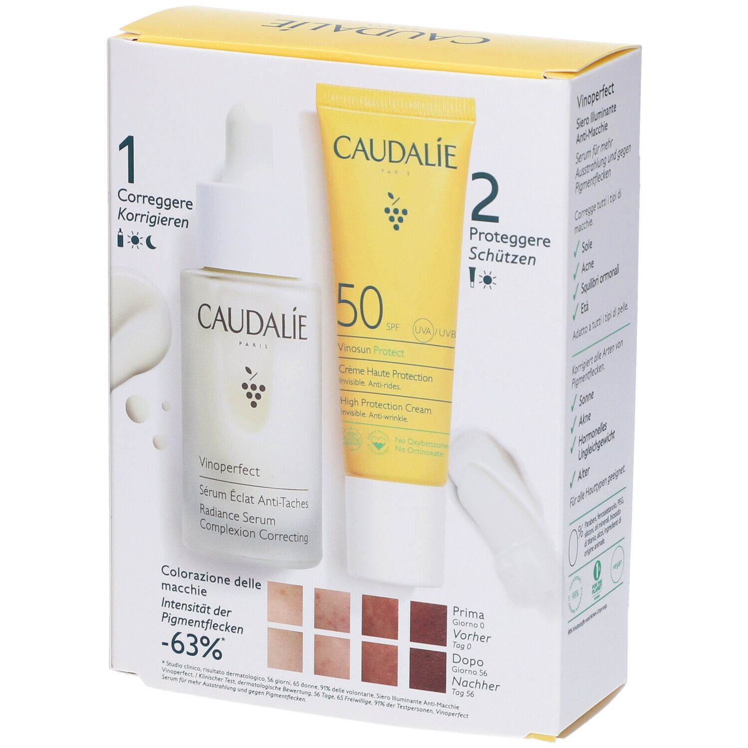 Duo CAUDALIE. Siero Vinoperfect e crema solare Vinosun Protect. Prodotti e campioni di colore su scatola gialla.