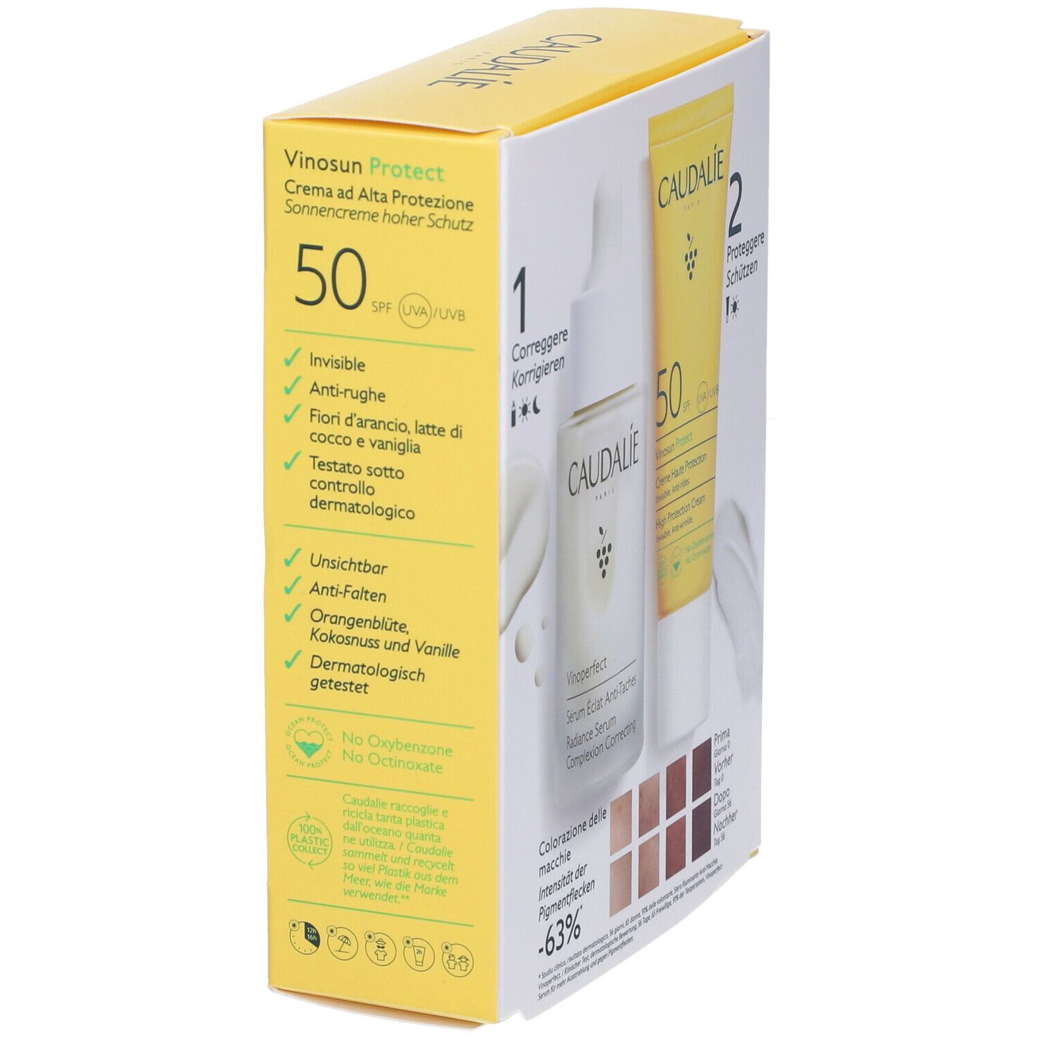 Duo CAUDALIE. Siero Vinoperfect e crema solare Vinosun Protect. Scatola gialla, vista laterale con testo.