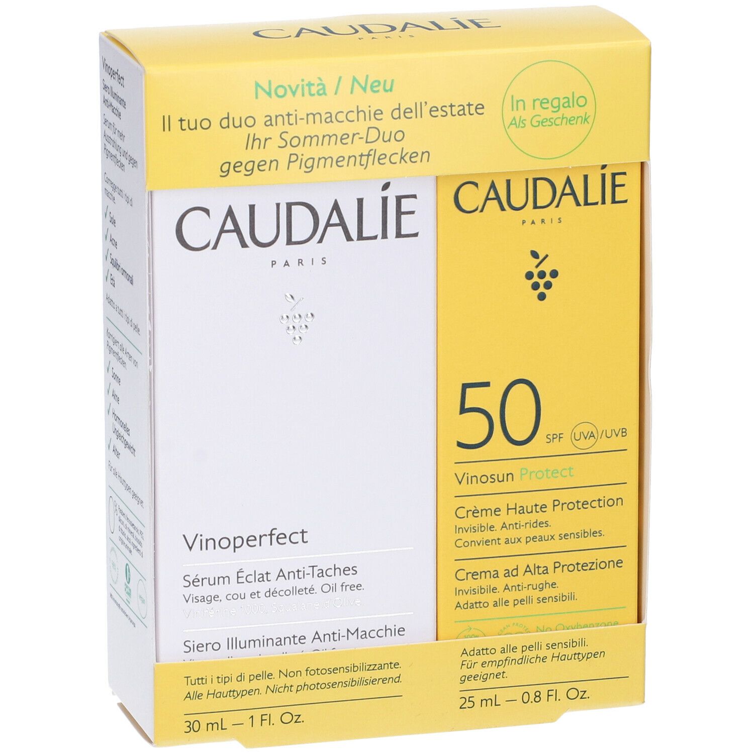 Duo CAUDALIE. Siero Vinoperfect e crema solare Vinosun Protect SPF 50. Scatola gialla.
