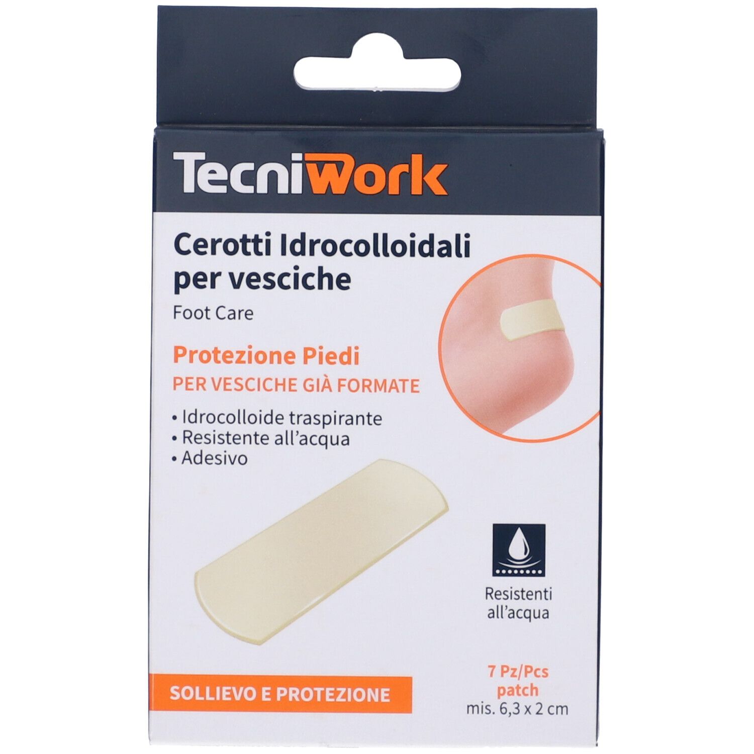Verpackung mit Cerotti Idrocolloidali. Enthält 7 Pflaster. Aufdruck: TecniWork, Schutz für Füße, wasserfest.