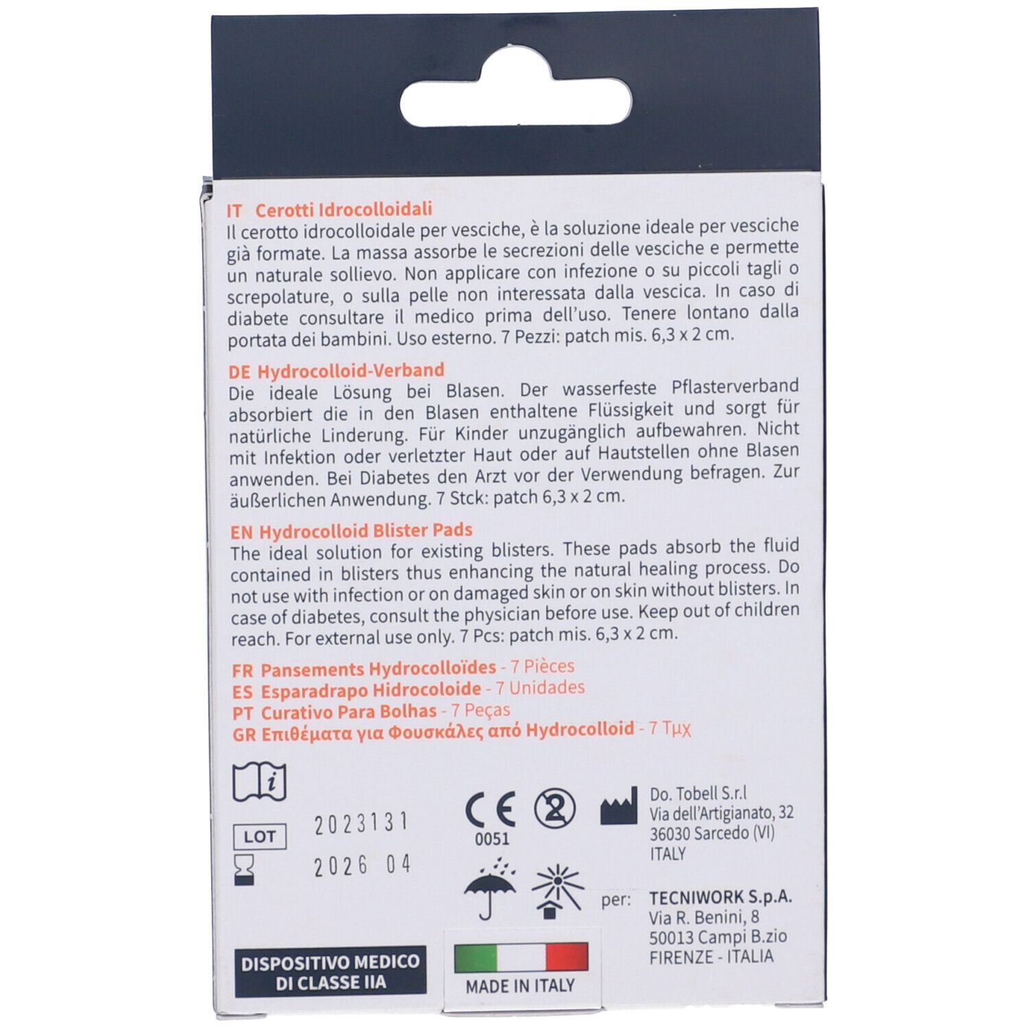 Rückseite der Verpackung. Text in Deutsch, Englisch, Französisch, Italienisch, Spanisch und Portugiesisch. Medizinprodukt.
