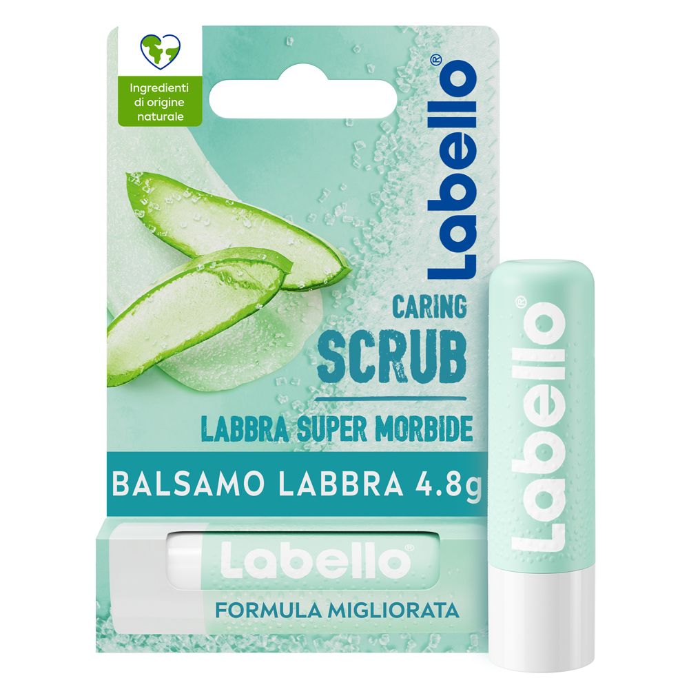 Labello Caring Scrub, balsamo labbra. Confezione con illustrazione aloe vera e prodotto. Stick da 4,8g.