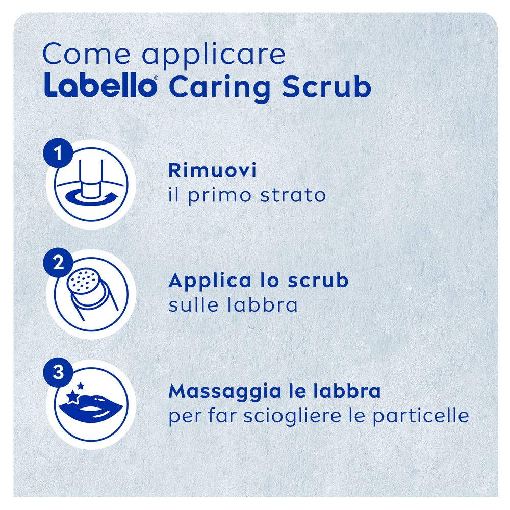 Istruzioni per l'uso di Labello Caring Scrub. 3 passaggi: 1. Rimuovere il primo strato. 2. Applicare lo scrub. 3. Massaggiare.