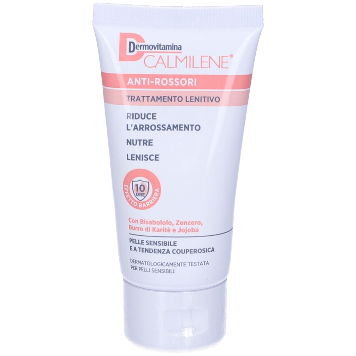 Tubo di crema con nome del prodotto e testo. Colori rosa e bianco. Contiene informazioni sugli ingredienti e sugli effetti.