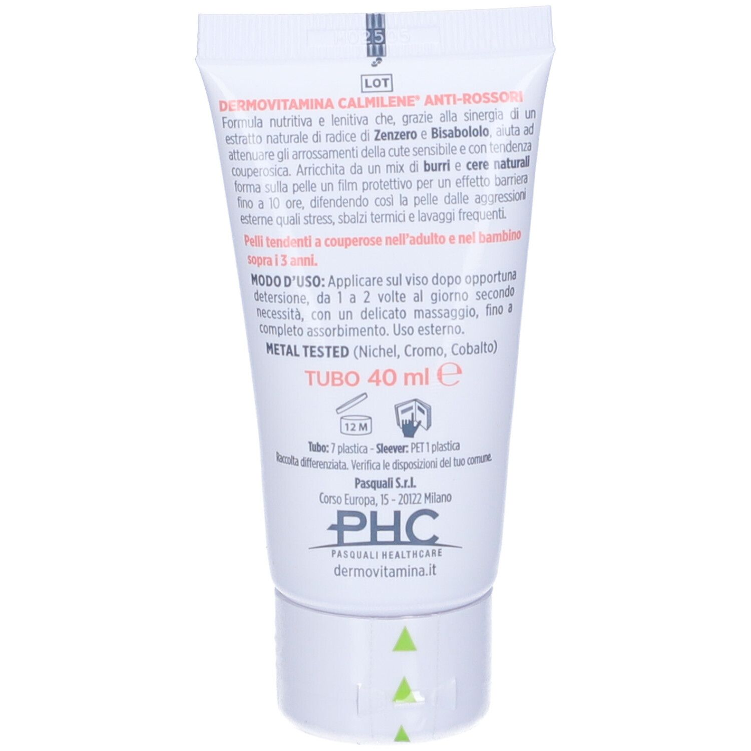 Retro di un tubo di crema. Contiene informazioni sul prodotto, ingredienti, indirizzo del produttore e volume: 40 ml.