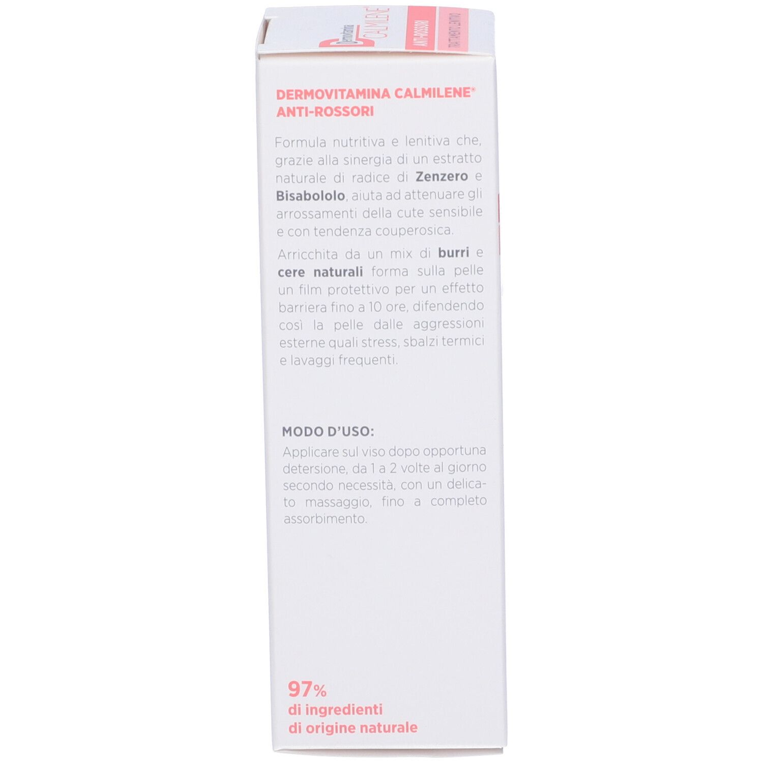 Retro della confezione del prodotto. Contiene informazioni sul prodotto, ingredienti e istruzioni per l'uso. Testo bianco su sfondo rosa.