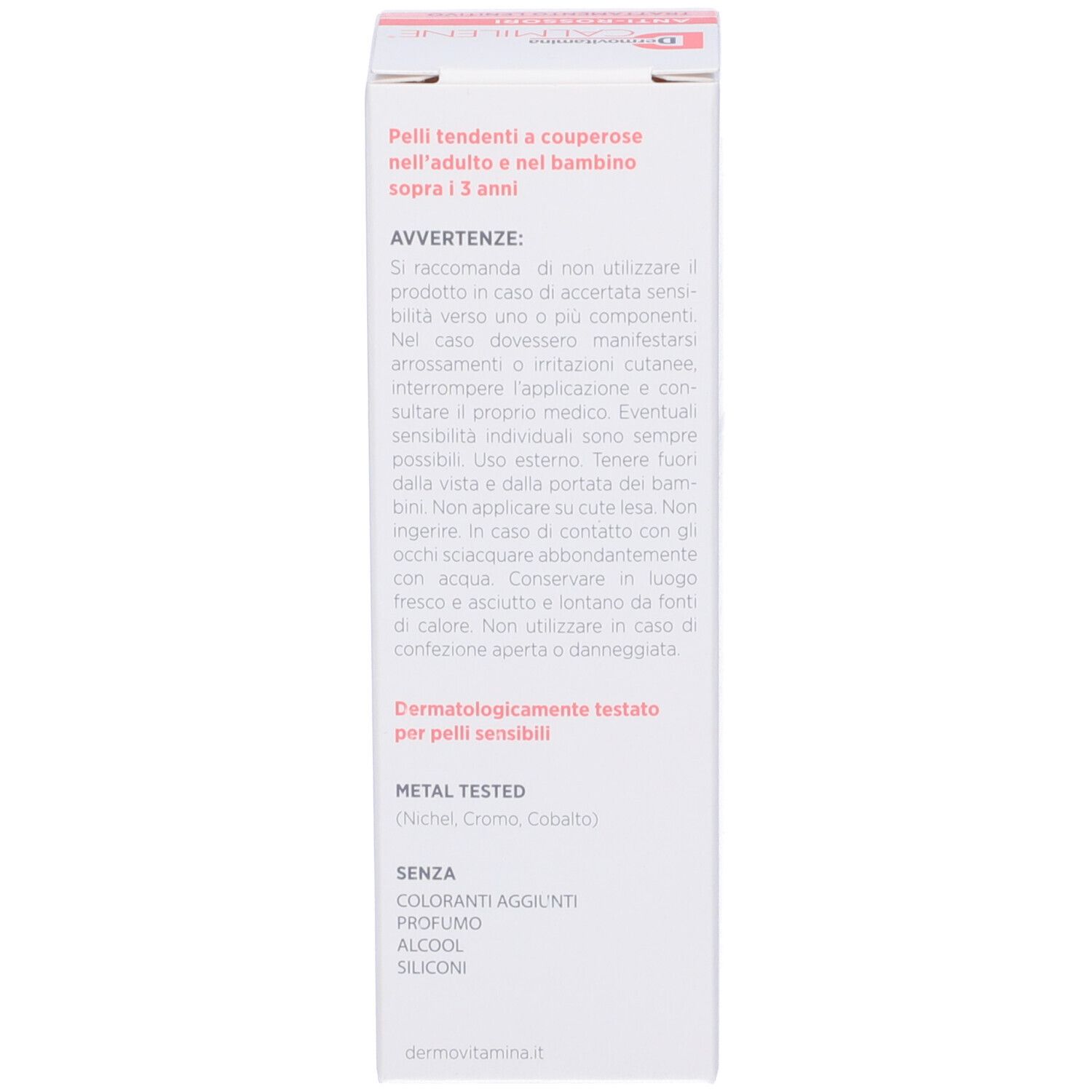 Lato della confezione del prodotto. Contiene avvertenze, informazioni sugli ingredienti e dettagli sui test dermatologici.