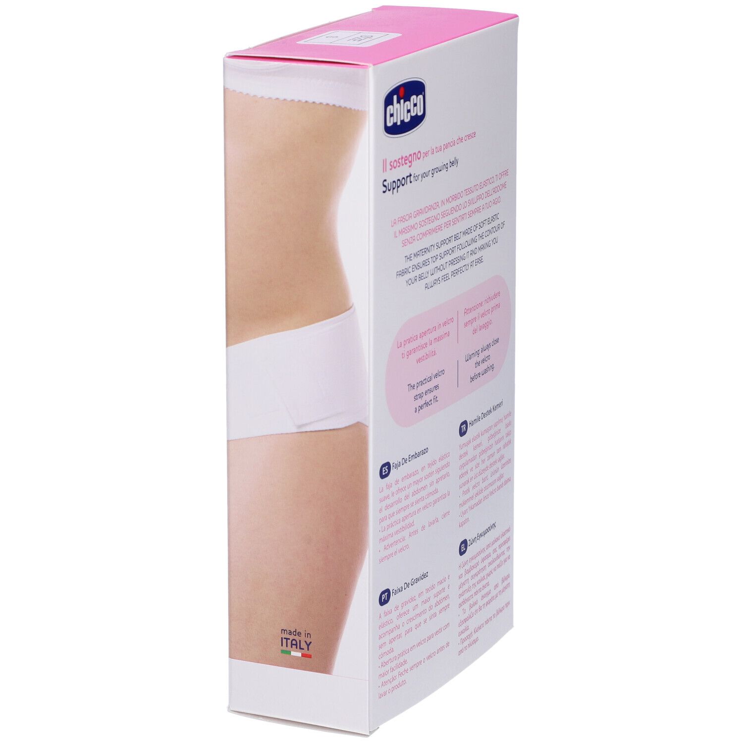 Lato della confezione rosa Chicco Fascia Gravidanza. Testo multilingue. Prodotto in Italia. Cinture di sostegno.