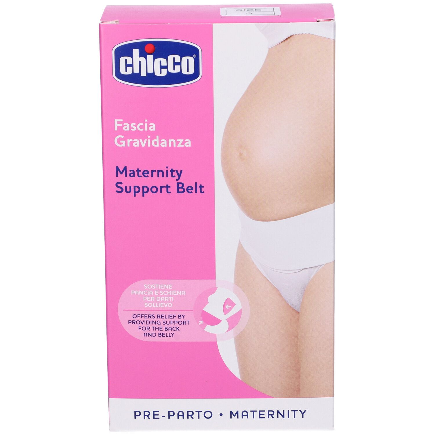 Confezione rosa Chicco Fascia Gravidanza. Cinture di sostegno per la maternità. Immagine di donna con cintura.