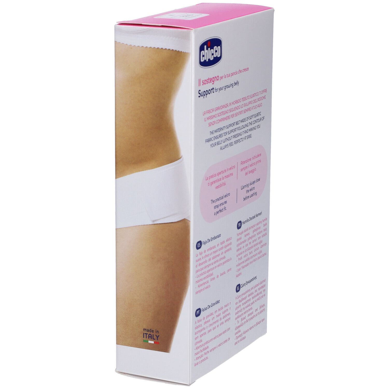 Vista laterale della scatola rosa. Testo: Chicco, Fascia Gravidanza, Maternity Support Belt. Fatto in Italia.