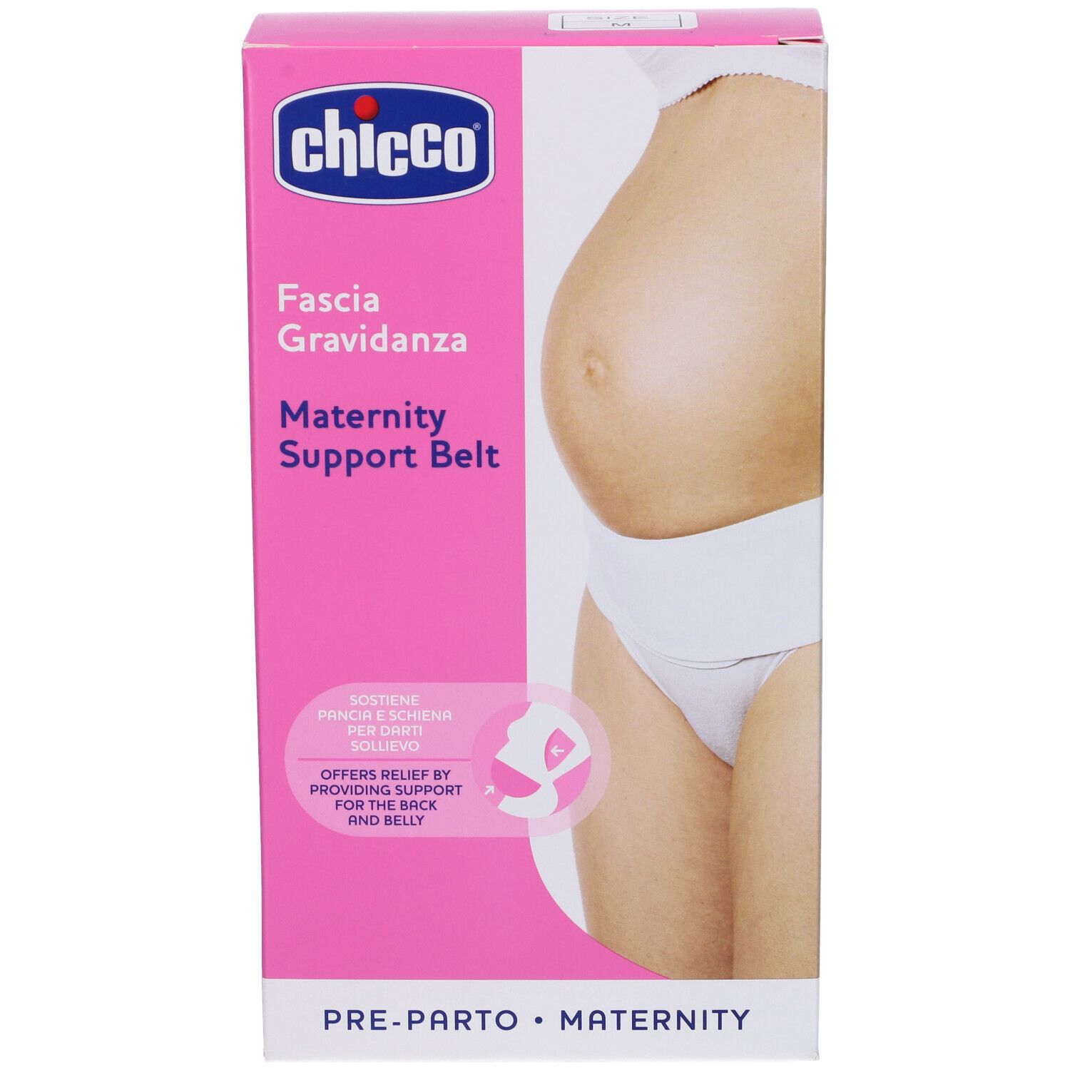 Scatola rosa con immagine di fascia premaman bianca. Testo: Chicco, Fascia Gravidanza, Maternity Support Belt.