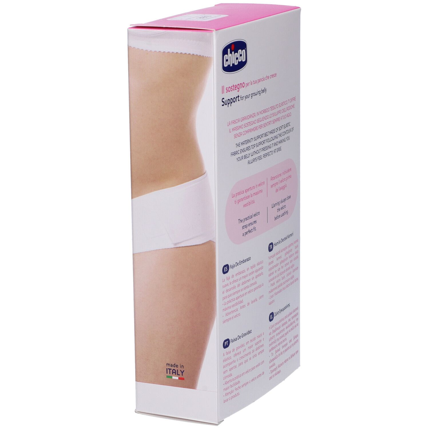 Scatola rosa Chicco. Immagine prodotto e testo. Prodotto in Italia.