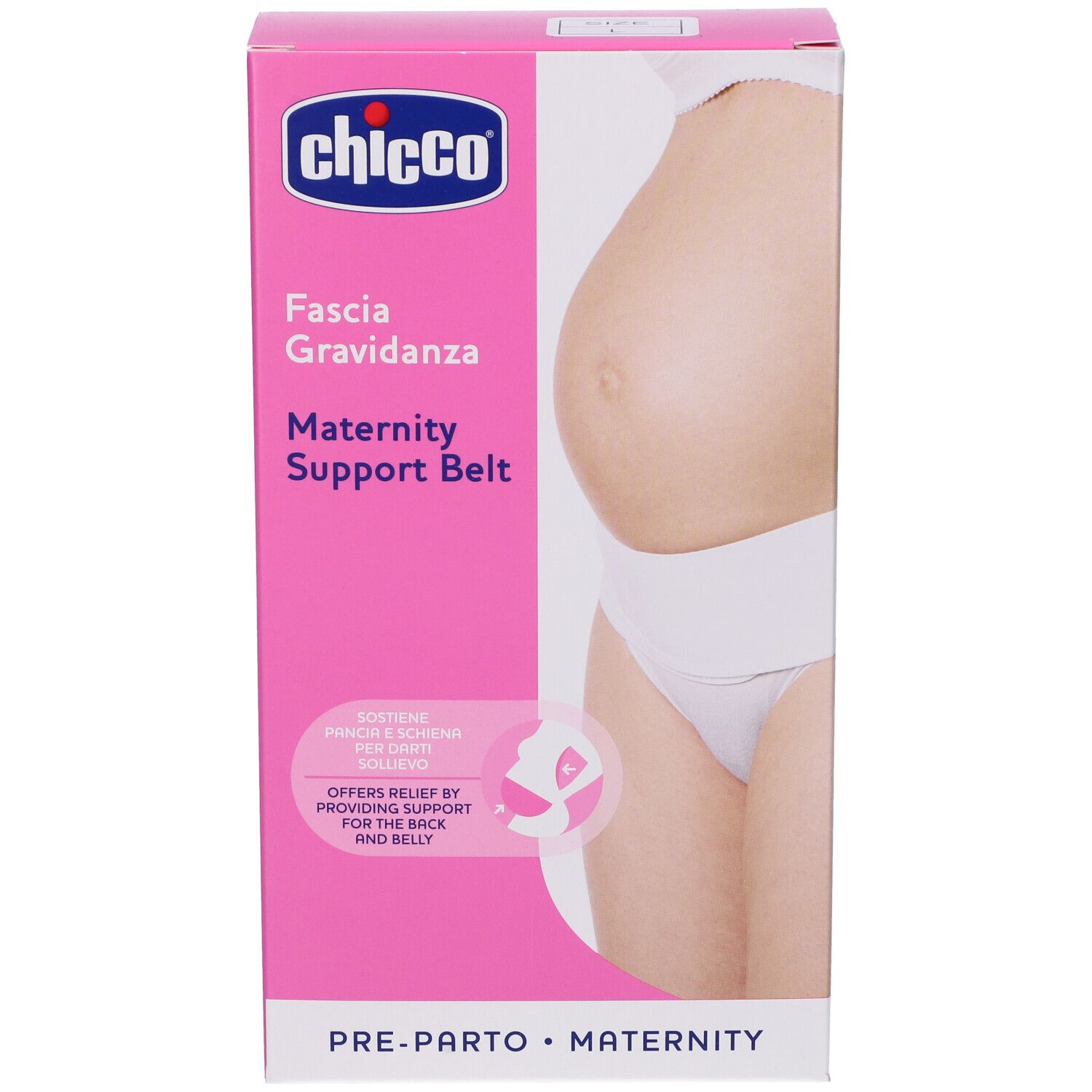Scatola rosa Chicco. Immagine prodotto e testo: Fascia Gravidanza, Maternity Support Belt. Logo del marchio.