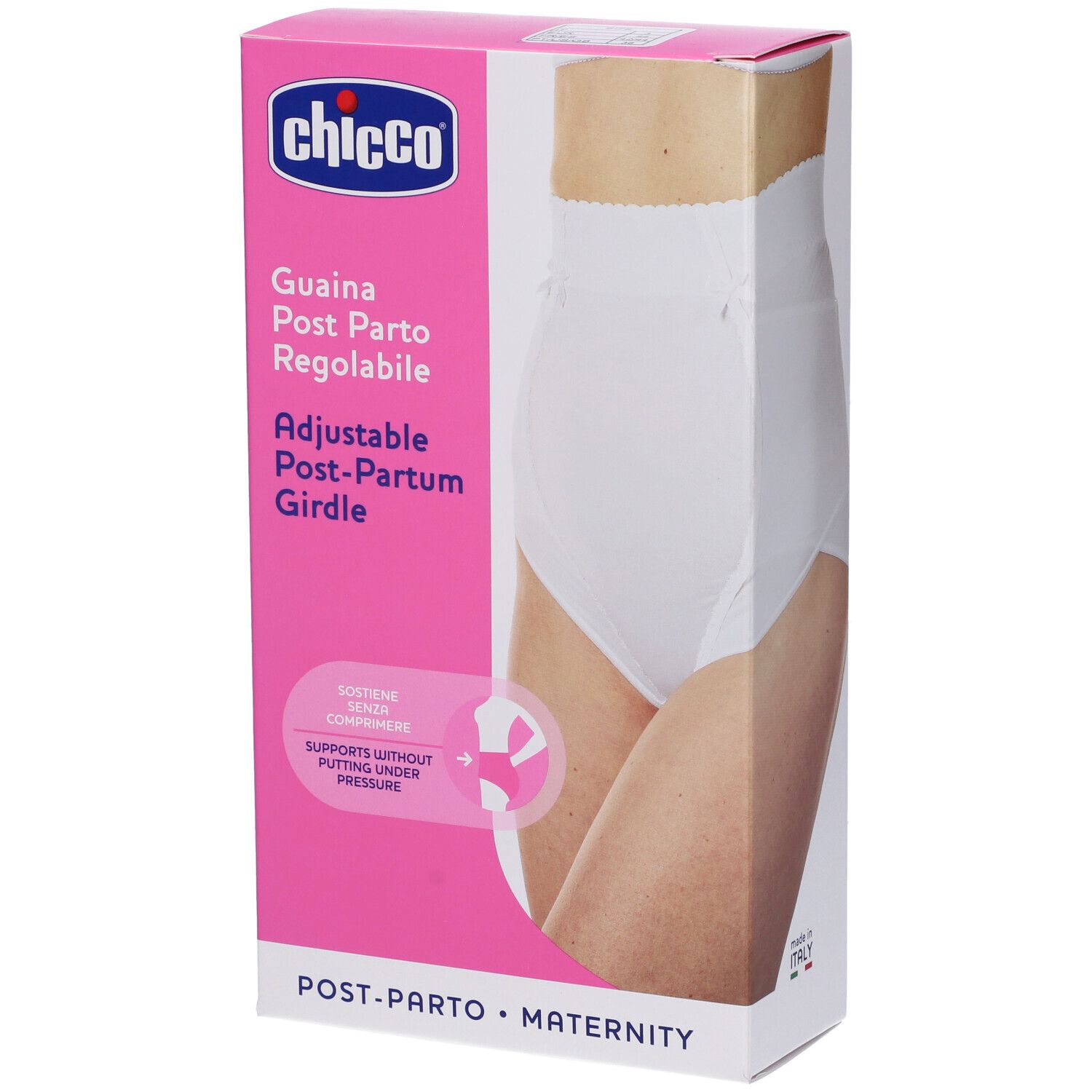 Confezione Chicco Guaina Post Parto Regolabile. Scatola rosa e bianca con immagine del prodotto e testo descrittivo.