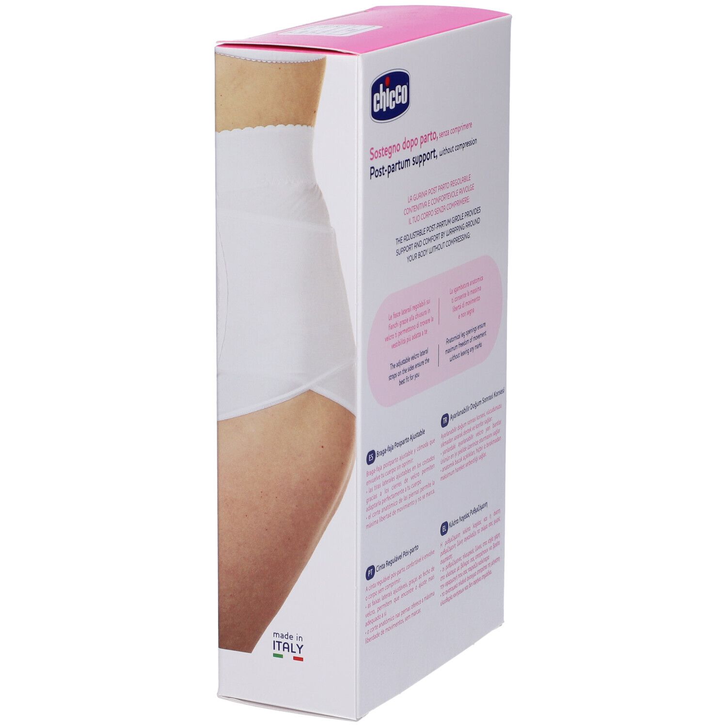 Vista laterale della confezione Chicco Guaina Post Parto Regolabile. Immagine del prodotto e testo, made in Italy.