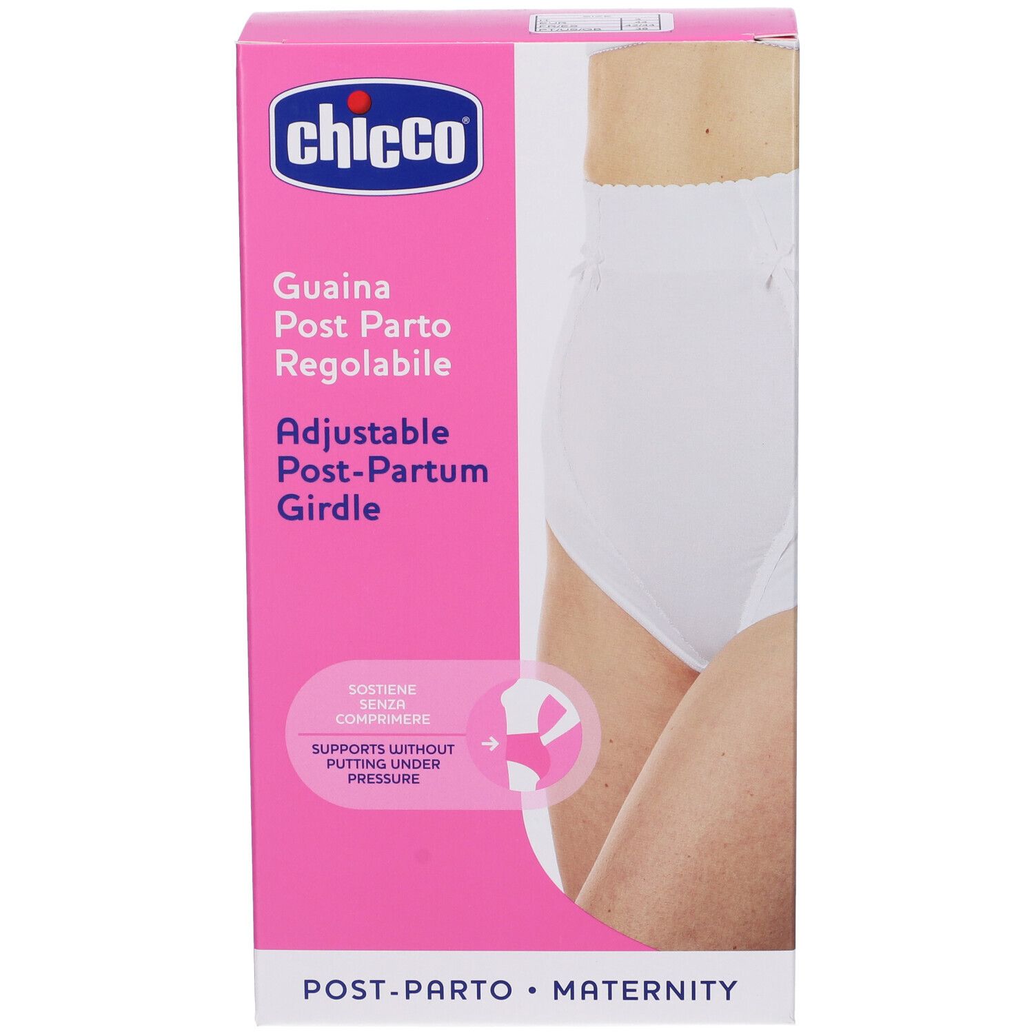 Vista frontale della confezione Chicco Guaina Post Parto Regolabile. Scatola rosa e bianca con immagine e testo.