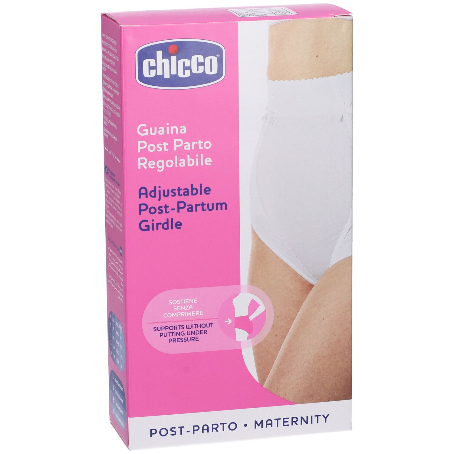 Vista frontale della confezione Chicco Guaina Post Parto Regolabile. Scatola rosa e bianca con immagine e testo.
