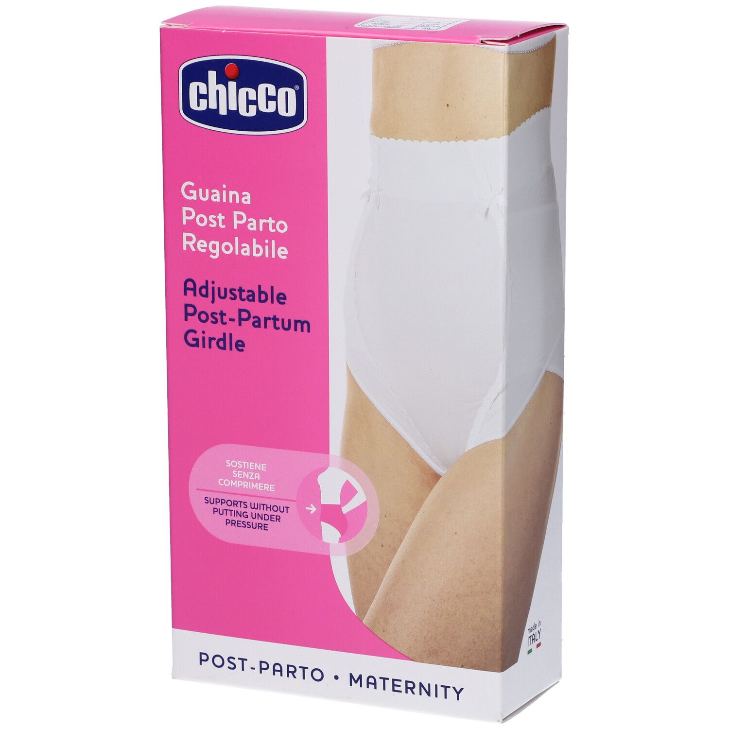 Confezione Chicco. Rosa e bianca. Mostra guaina post parto regolabile bianca. Testo: Guaina Post Parto Regolabile, Adjustable Post-Partum Girdle.