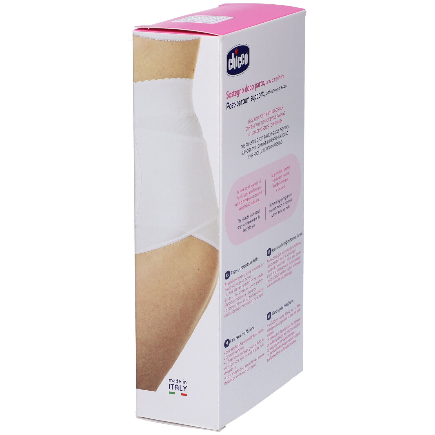 Confezione Chicco. Rosa e bianca. Lato della guaina post parto regolabile bianca. Made in Italy.