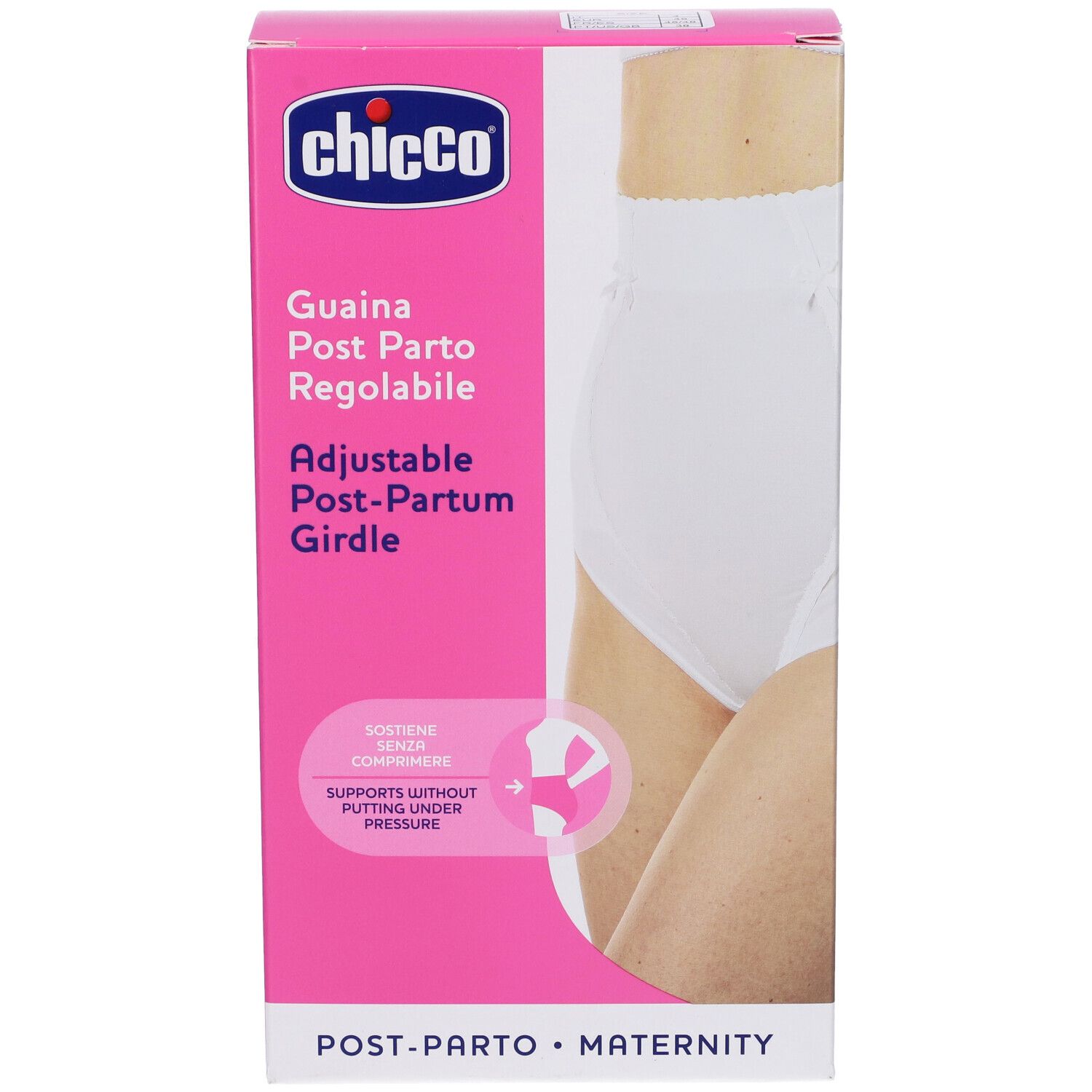Confezione Chicco. Rosa e bianca. Mostra guaina post parto regolabile bianca. Testo: Guaina Post Parto Regolabile, Adjustable Post-Partum Girdle.