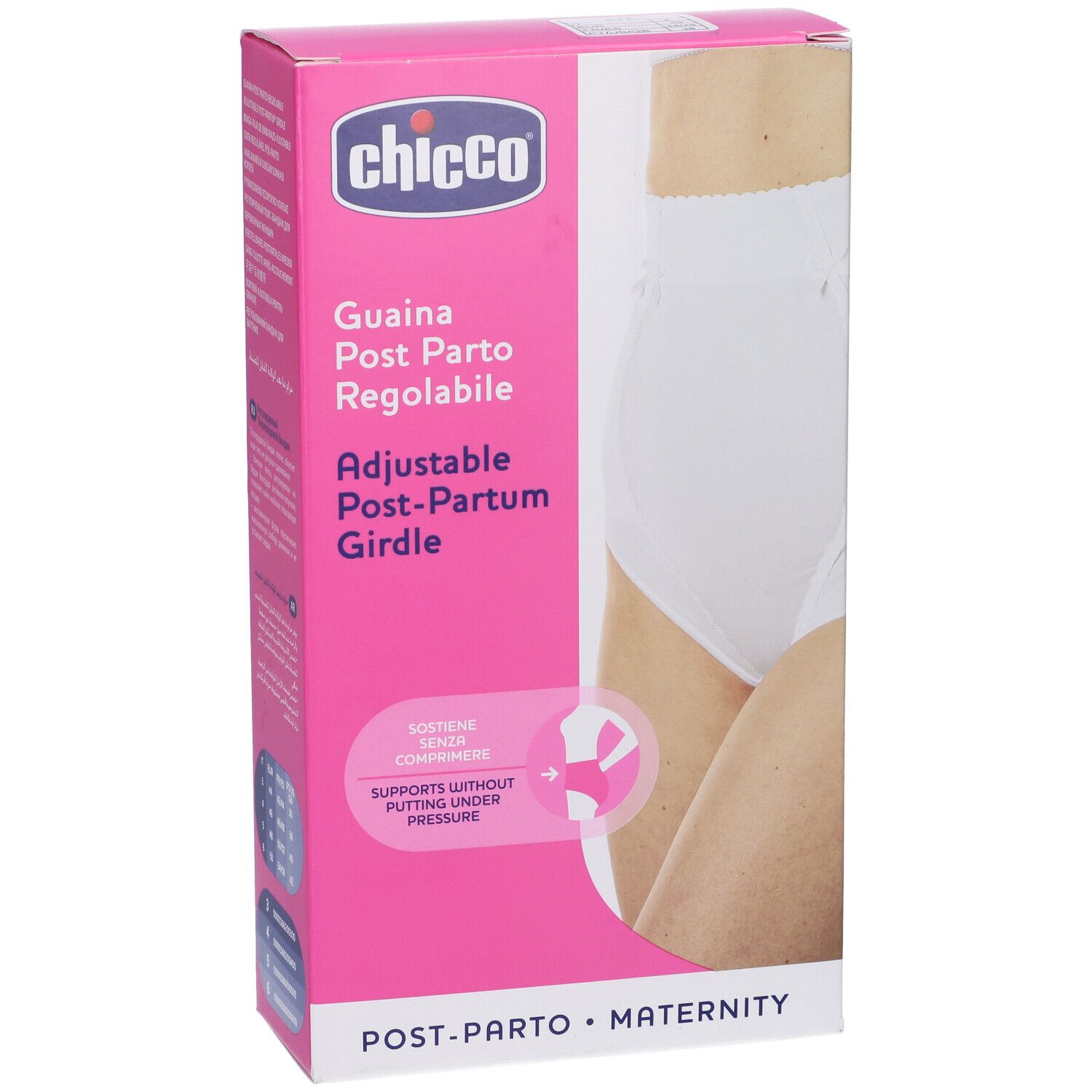 Confezione Chicco. Rosa e bianca. Mostra guaina post parto regolabile bianca. Testo: Guaina Post Parto Regolabile, Adjustable Post-Partum Girdle.